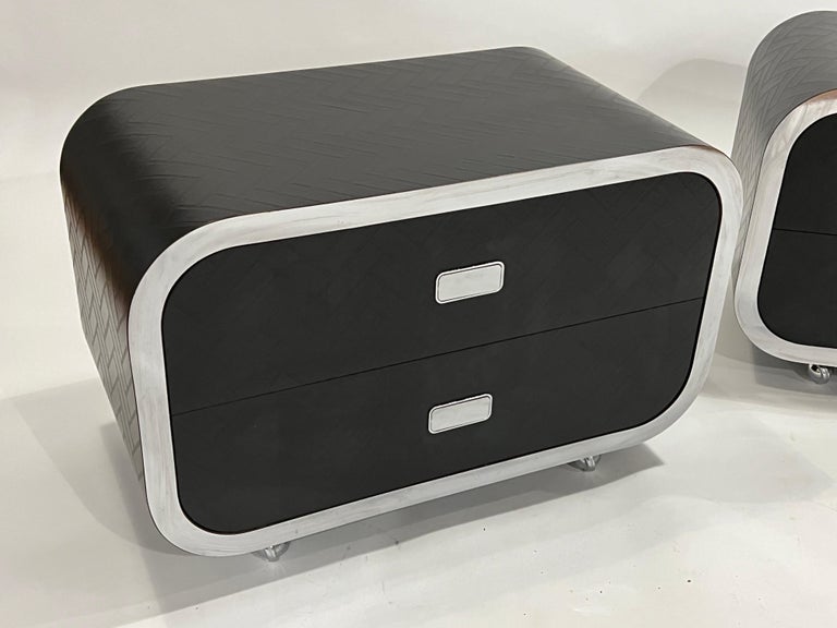 Late 20th Century Space Age Waterfall Nightstands in Embossed Faux Leather and Chrome For Sale