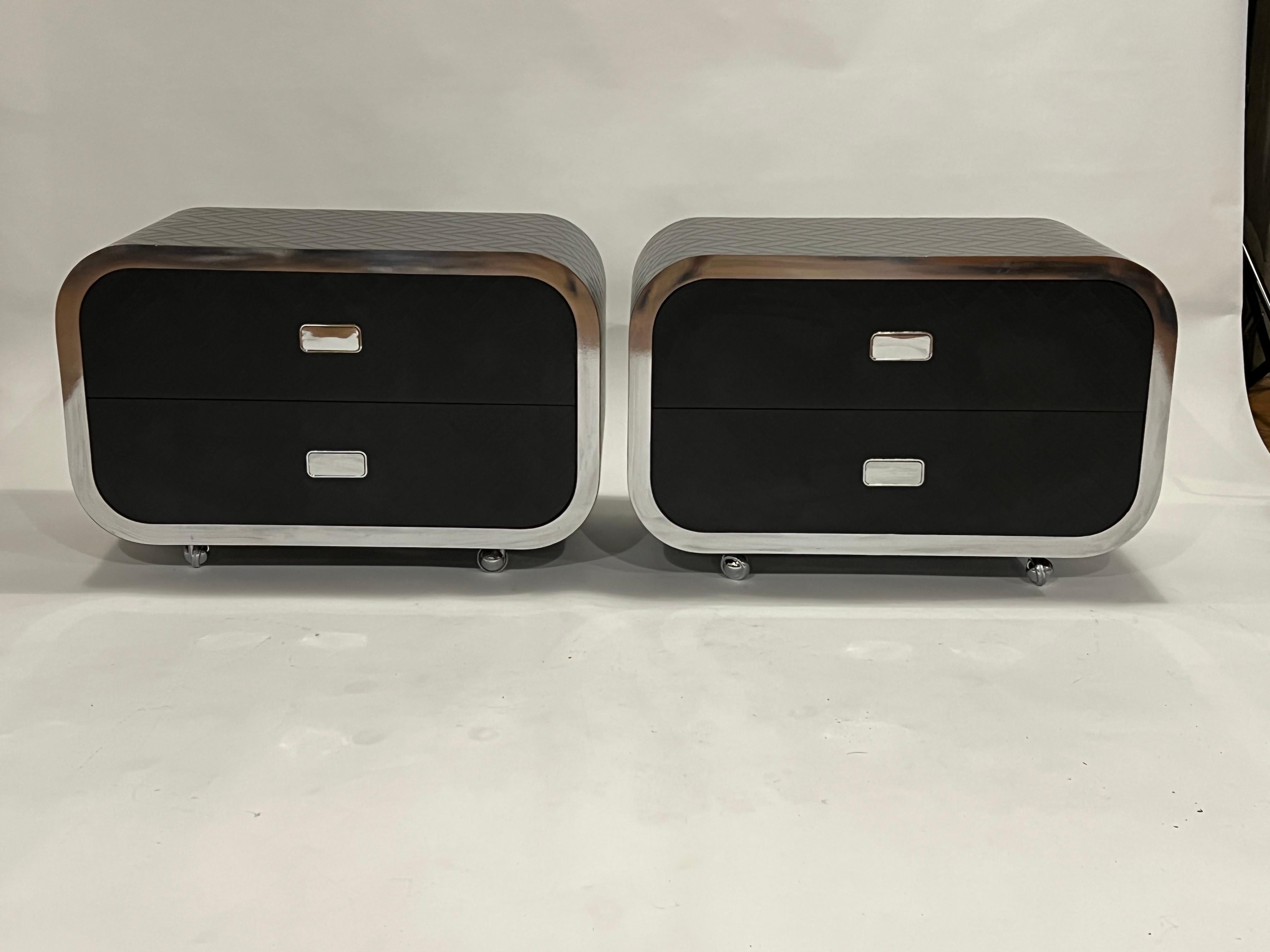 Late 20th Century Space Age Waterfall Nightstands in Embossed Faux Leather and Chrome For Sale