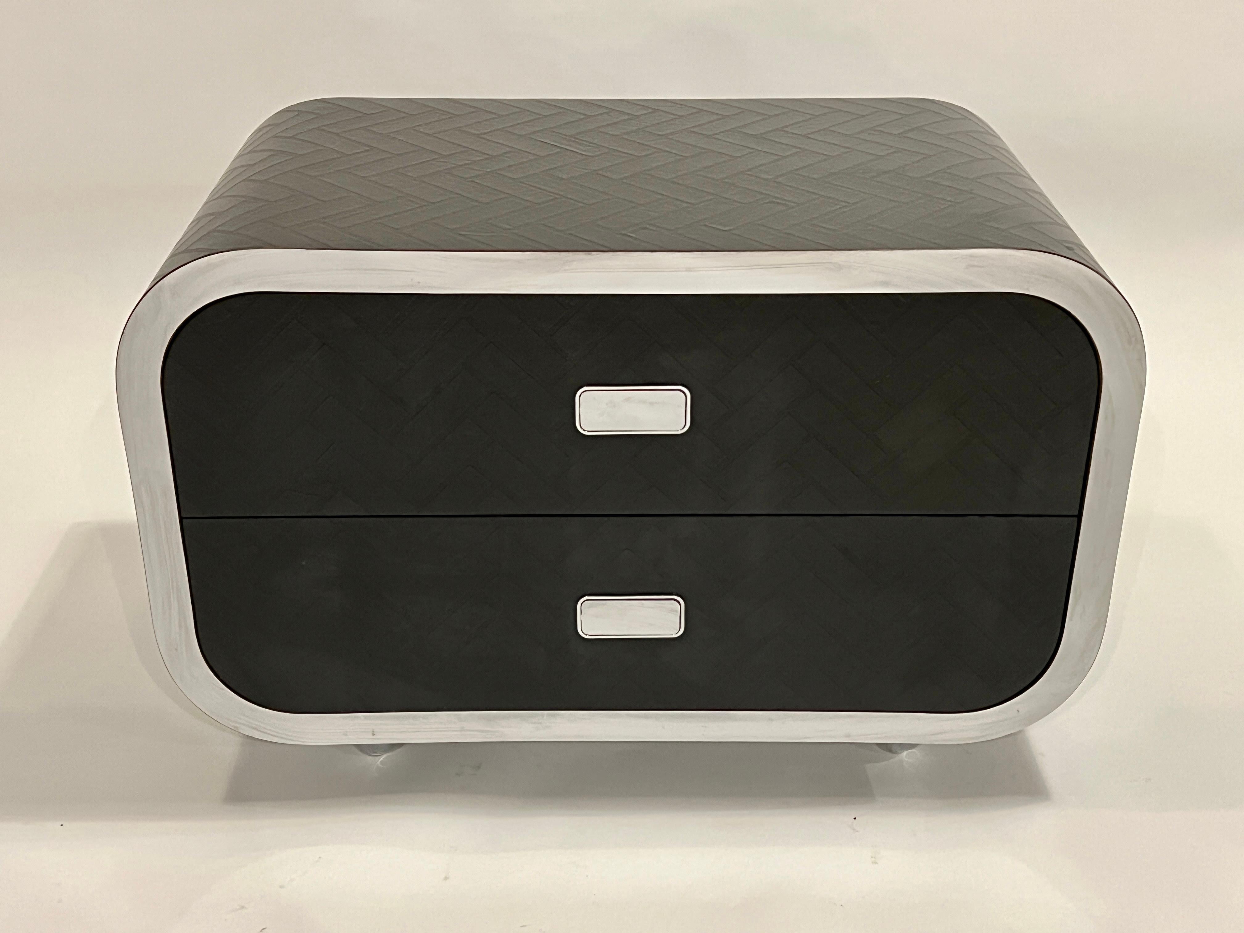 Space Age Waterfall Nightstands in Embossed Faux Leather and Chrome For Sale 1