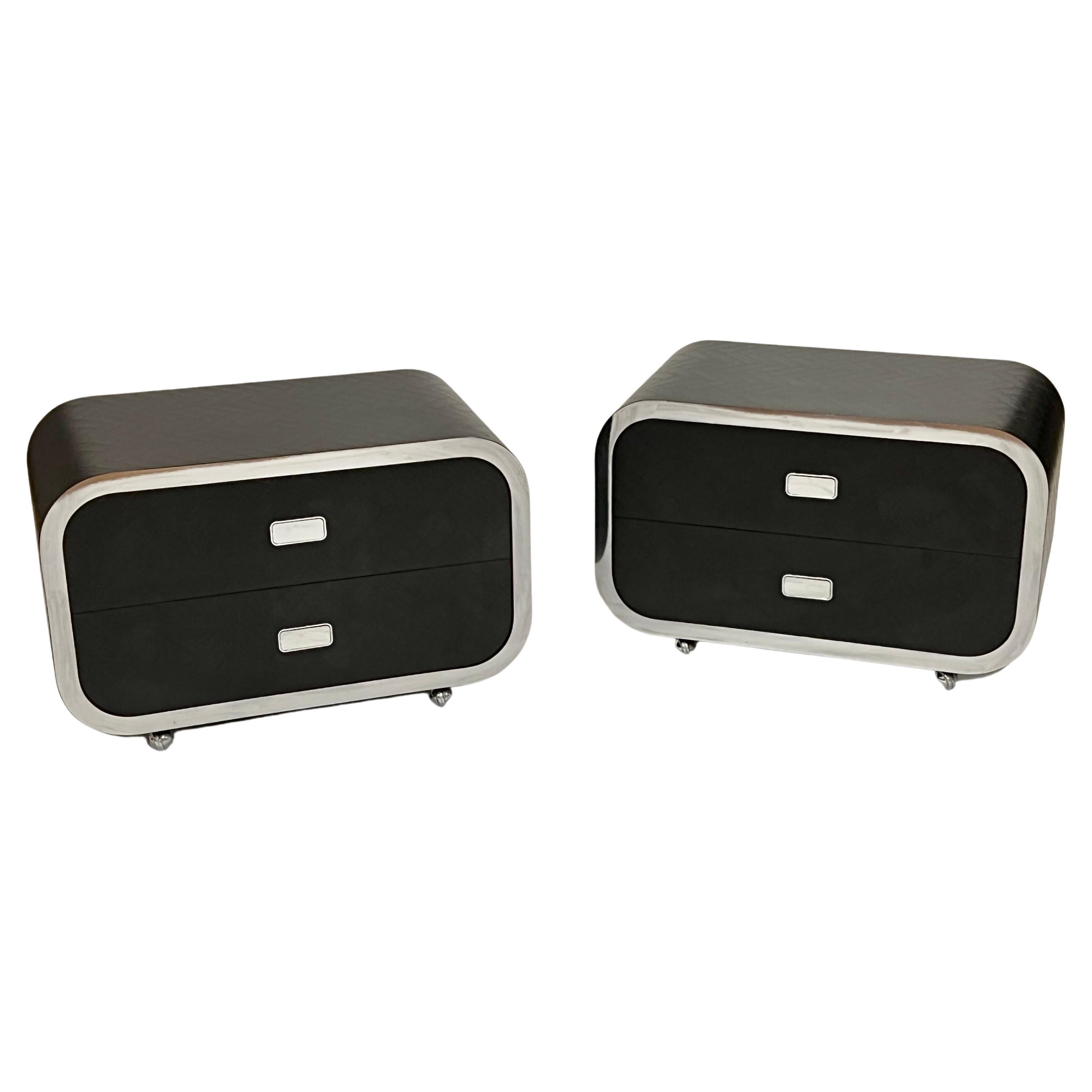 Space Age Waterfall Nightstands in Embossed Faux Leather and Chrome