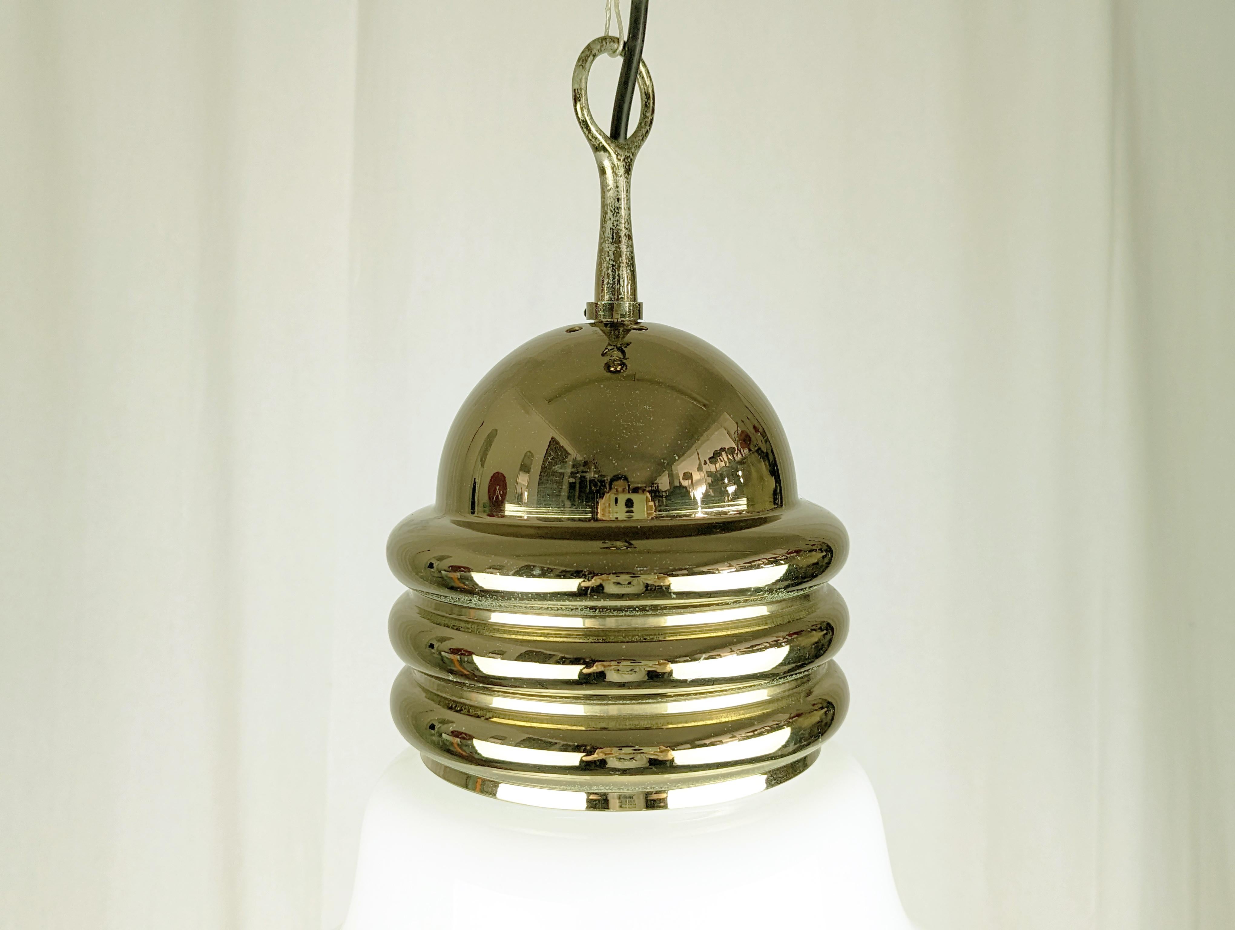 Mid-Century Modern Space age White Glass and Gold-plated  Metal pendant Lamp  For Sale