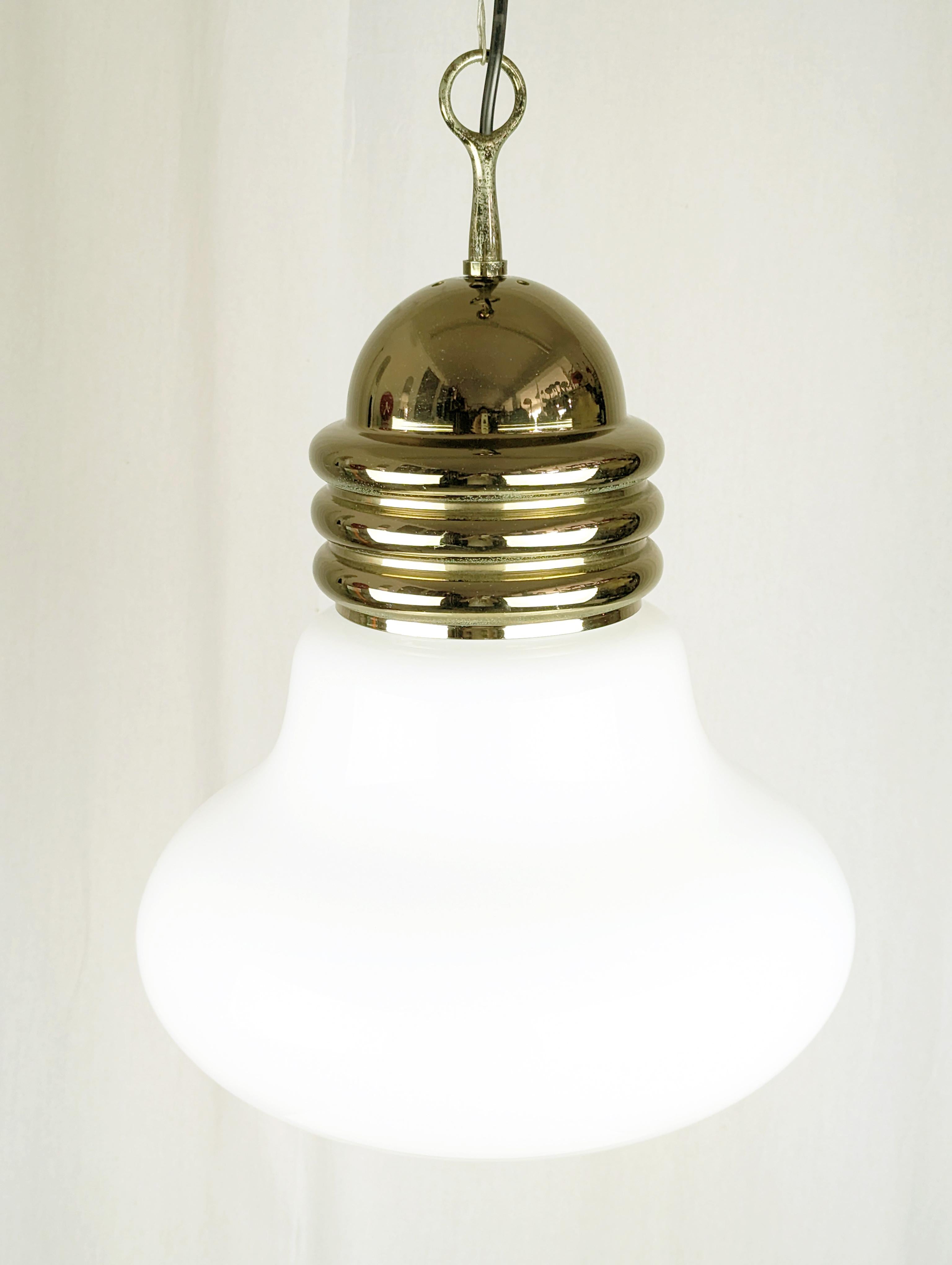 Mid-20th Century Space age White Glass and Gold-plated  Metal pendant Lamp  For Sale