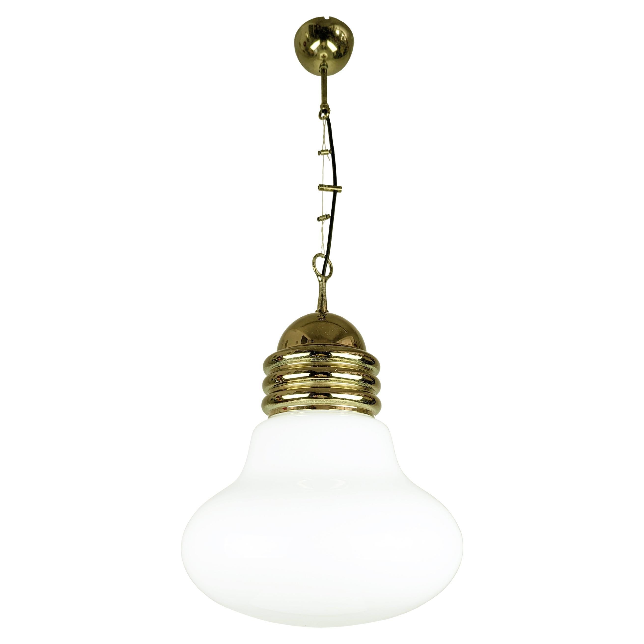 Space age White Glass and Gold-plated  Metal pendant Lamp  For Sale