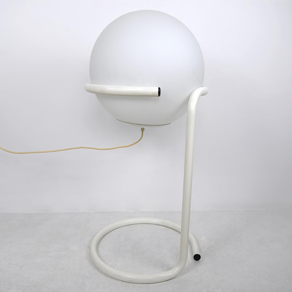 Dutch Space Age White Glass Globe Lamp in White Metal Standard For Sale