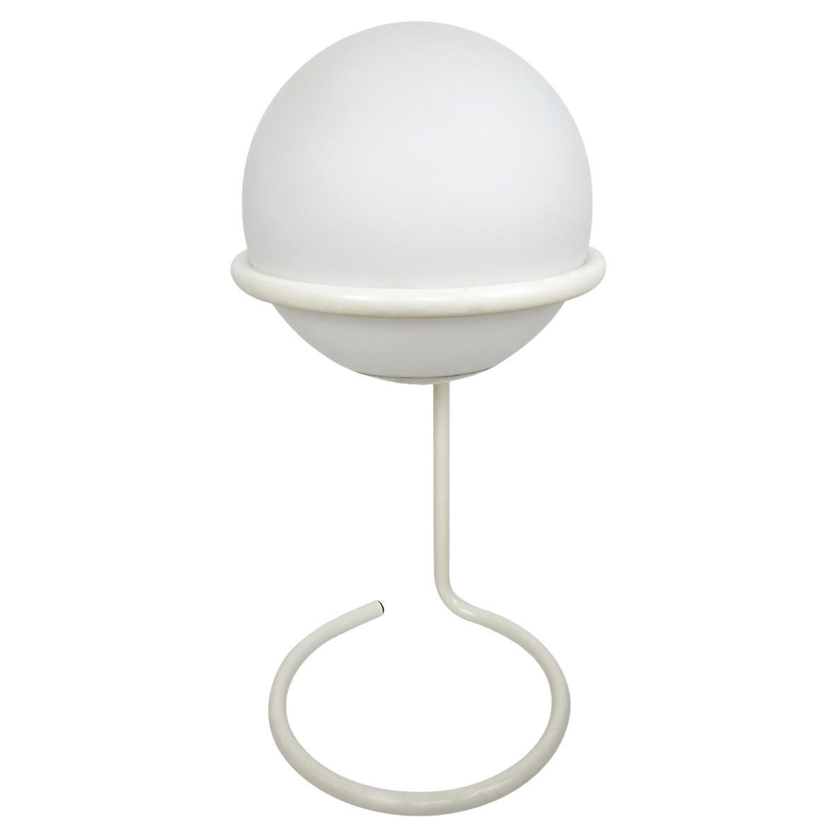 Space Age White Glass Globe Lamp in White Metal Standard For Sale