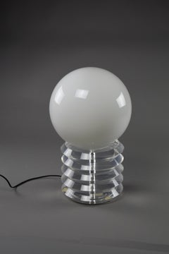 Space Age White Opal Glass Sphere and Plexiglas Table Lamp