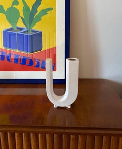 Space age white U letter shaped ceramic solifleur vase, Marcel Radureau ca. 1970