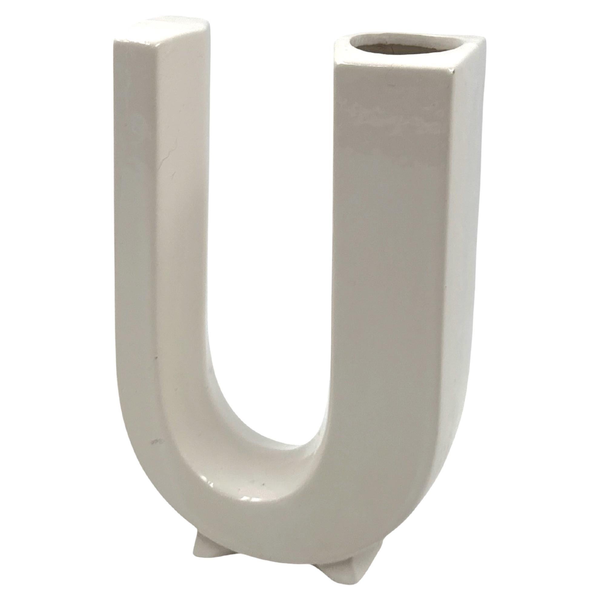 Space age white U letter shaped ceramic solifleur vase, Marcel Radureau ca. 1970