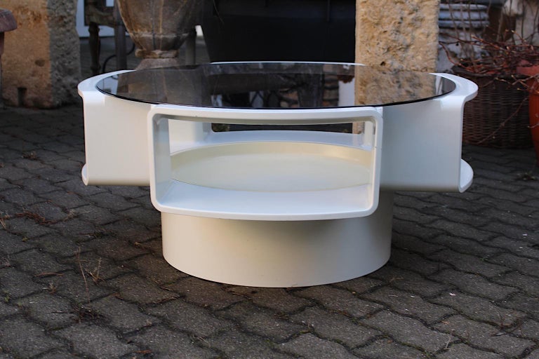 Smoked Glass Space Age White Vintage Plastic Coffee Table or Sofa Table 1960s For Sale