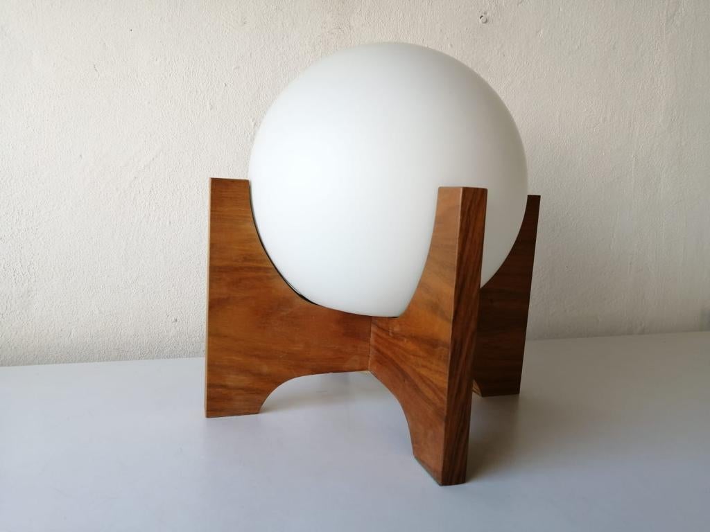 Space Age Wood & Ball Opal Glass Table Lamp by Temde, 1970s Germany In Good Condition In Hagenbach, DE