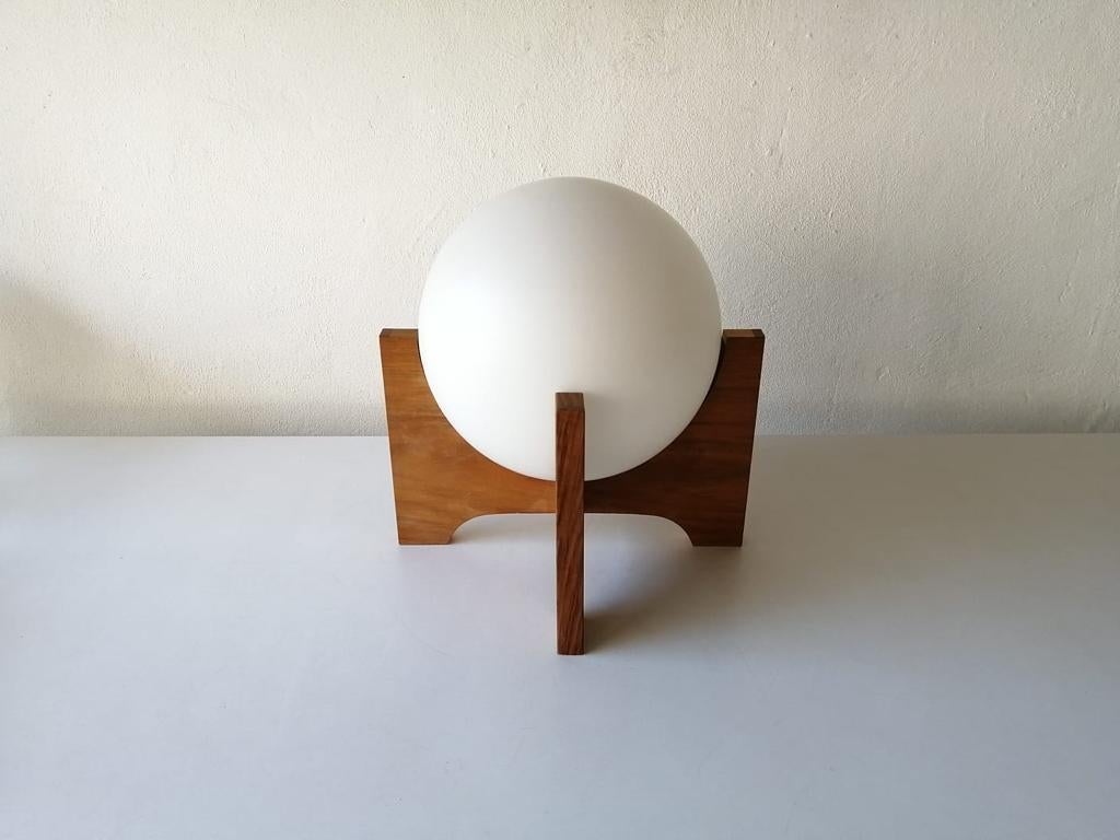 Space Age Wood & Ball Opal Glass Table Lamp by Temde, 1970s Germany 1