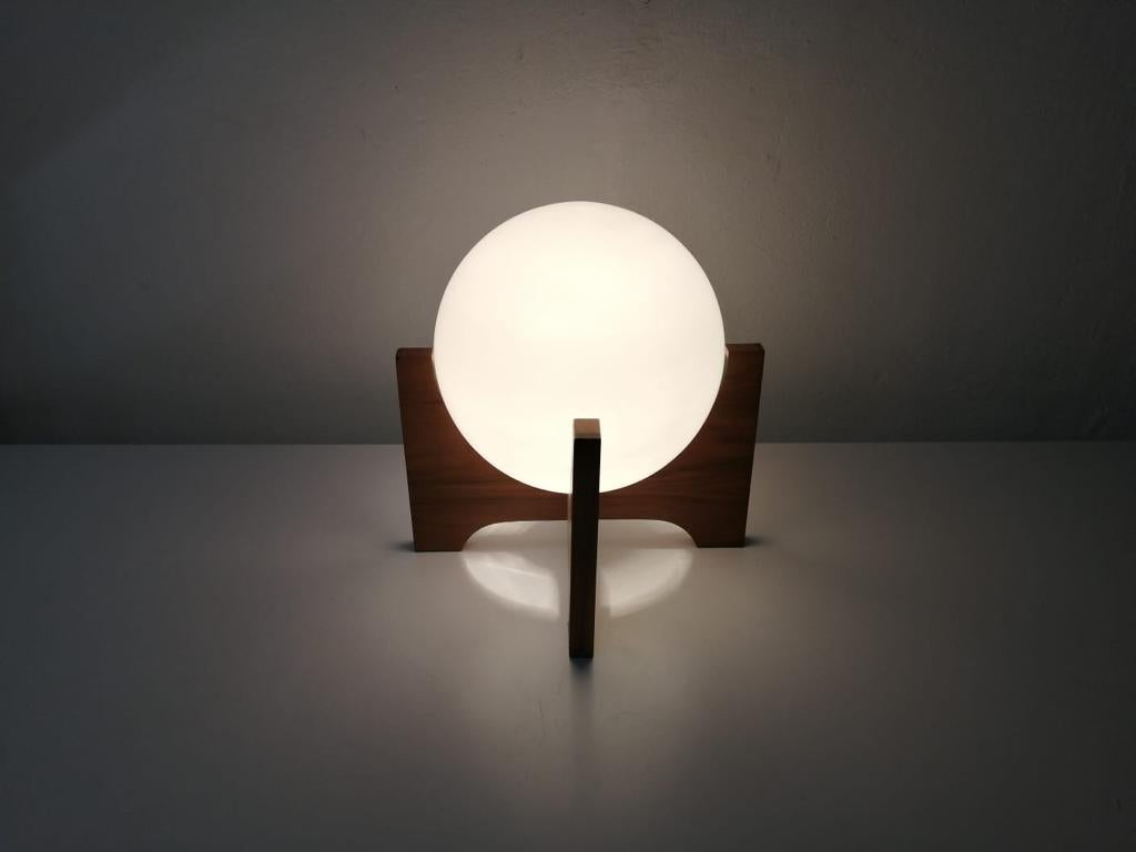 Space Age Wood & Ball Opal Glass Table Lamp by Temde, 1970s Germany 2