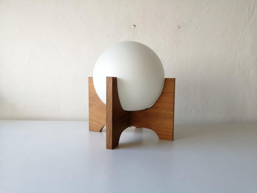 Space Age Wood & Ball Opal Glass Table Lamp by Temde, 1970s Germany 4