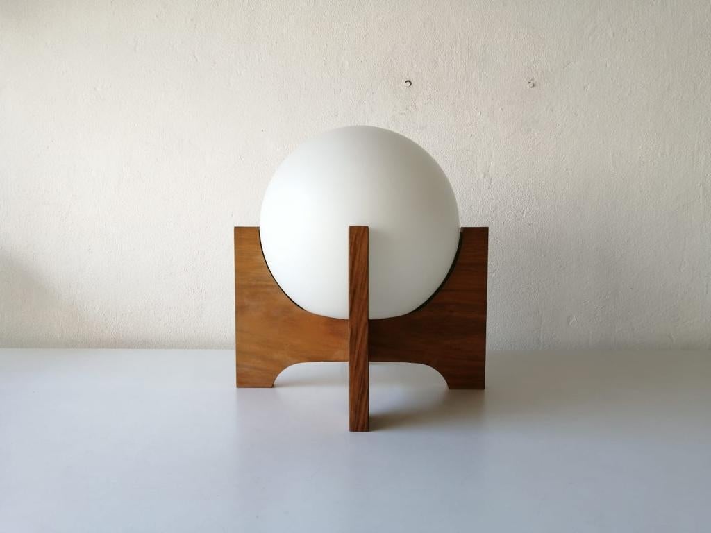 Space Age Wood & Ball Opal Glass Table Lamp by Temde, 1970s Germany 5