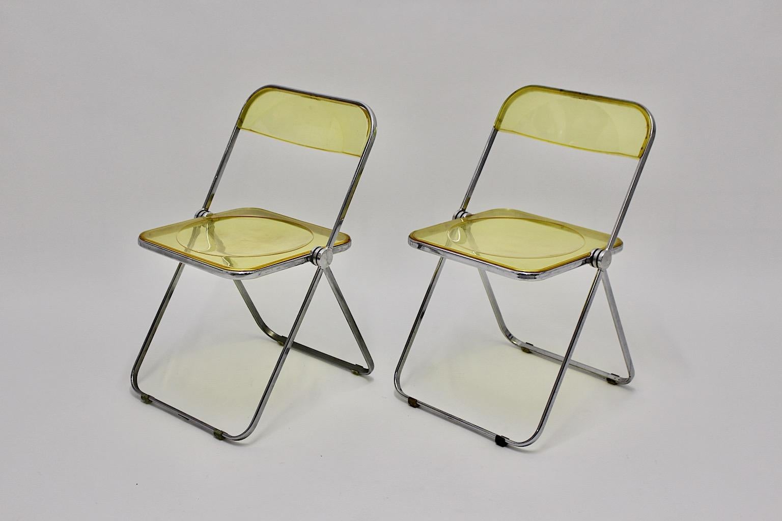 Italian Space Age Yellow Lucite Plia Pair of Folding Chairs Giancarlo Piretti 1969 Italy