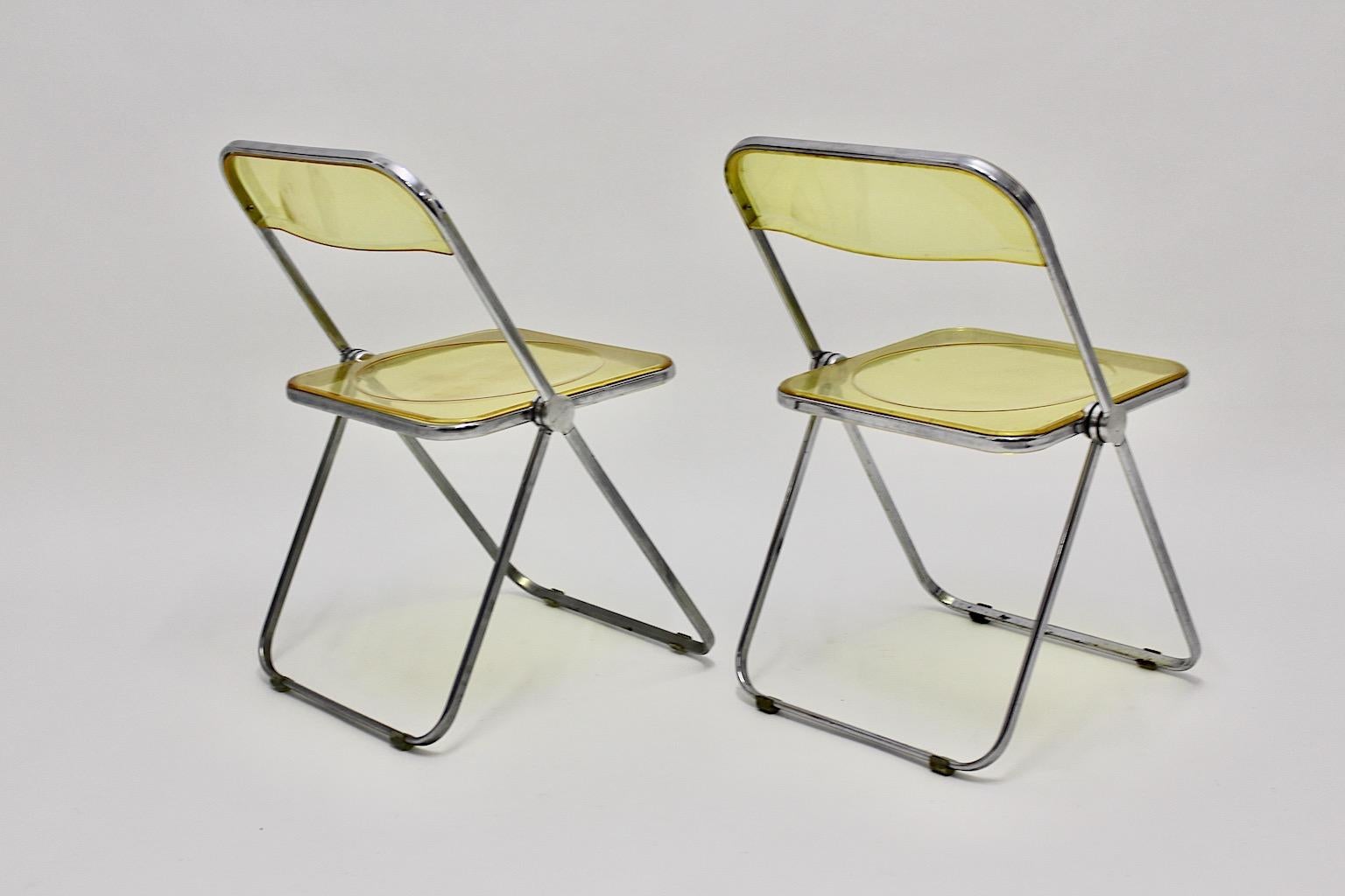 Space Age Yellow Lucite Plia Pair of Folding Chairs Giancarlo Piretti 1969 Italy 1