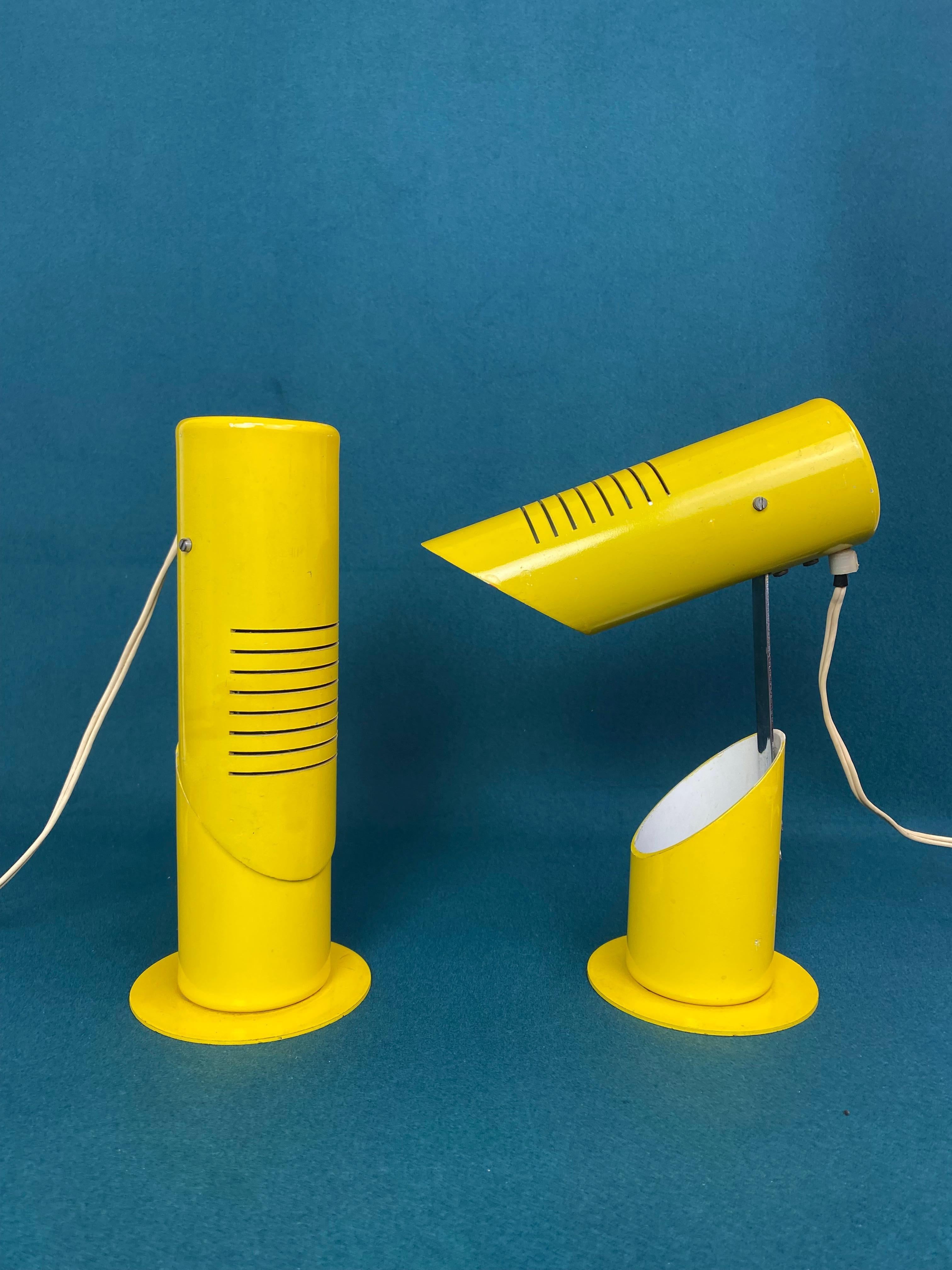 Space age yellow folding Szarvasi bedside table lamps in original condition with signs of use.