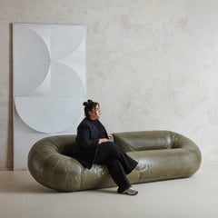 Space Age 'Zeppelin' Sofa in Olive Green Leather by Walter Leeman for Velda