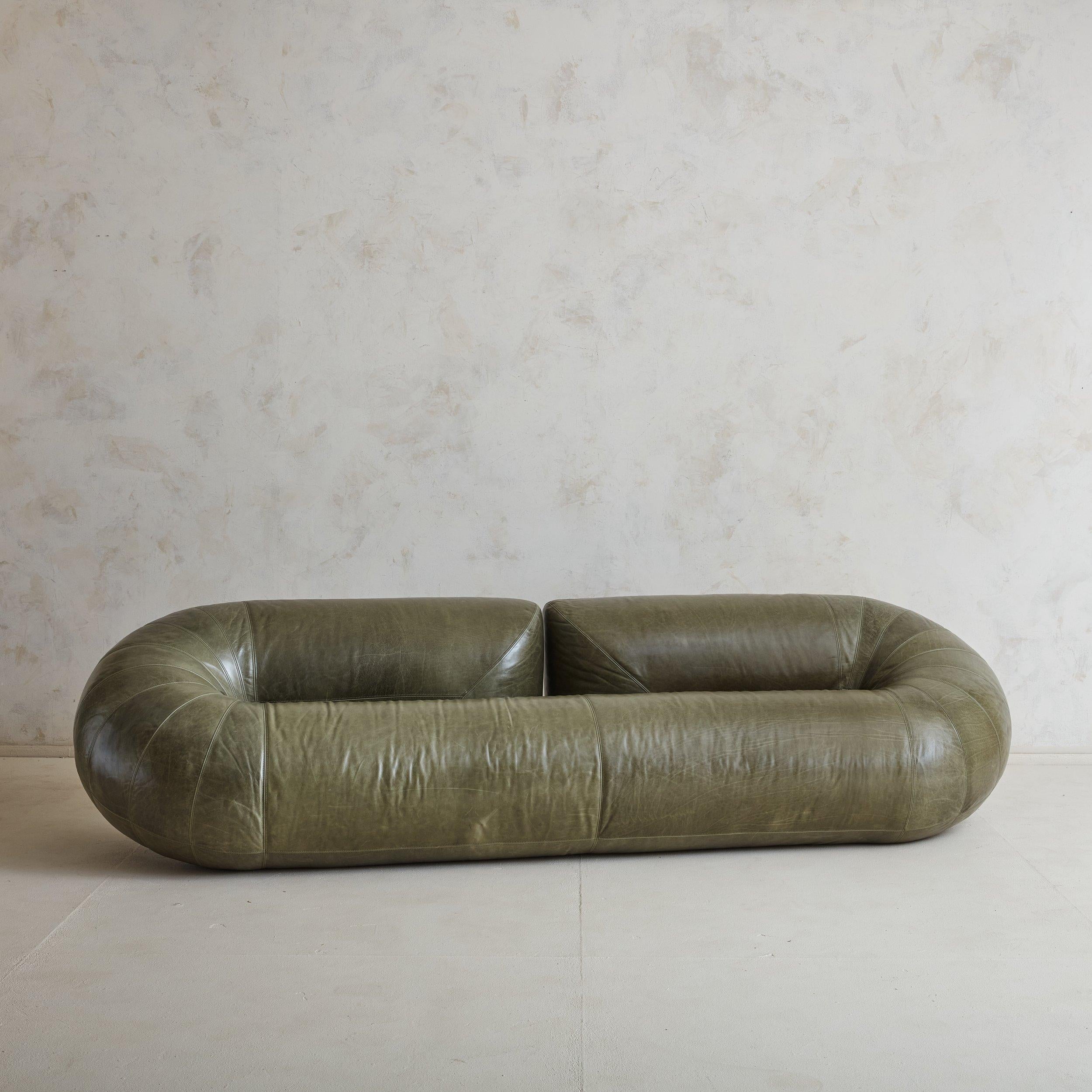 Belgian Space Age 'Zeppelin' Sofa in Olive Green Leather by Walter Leeman for Velda For Sale