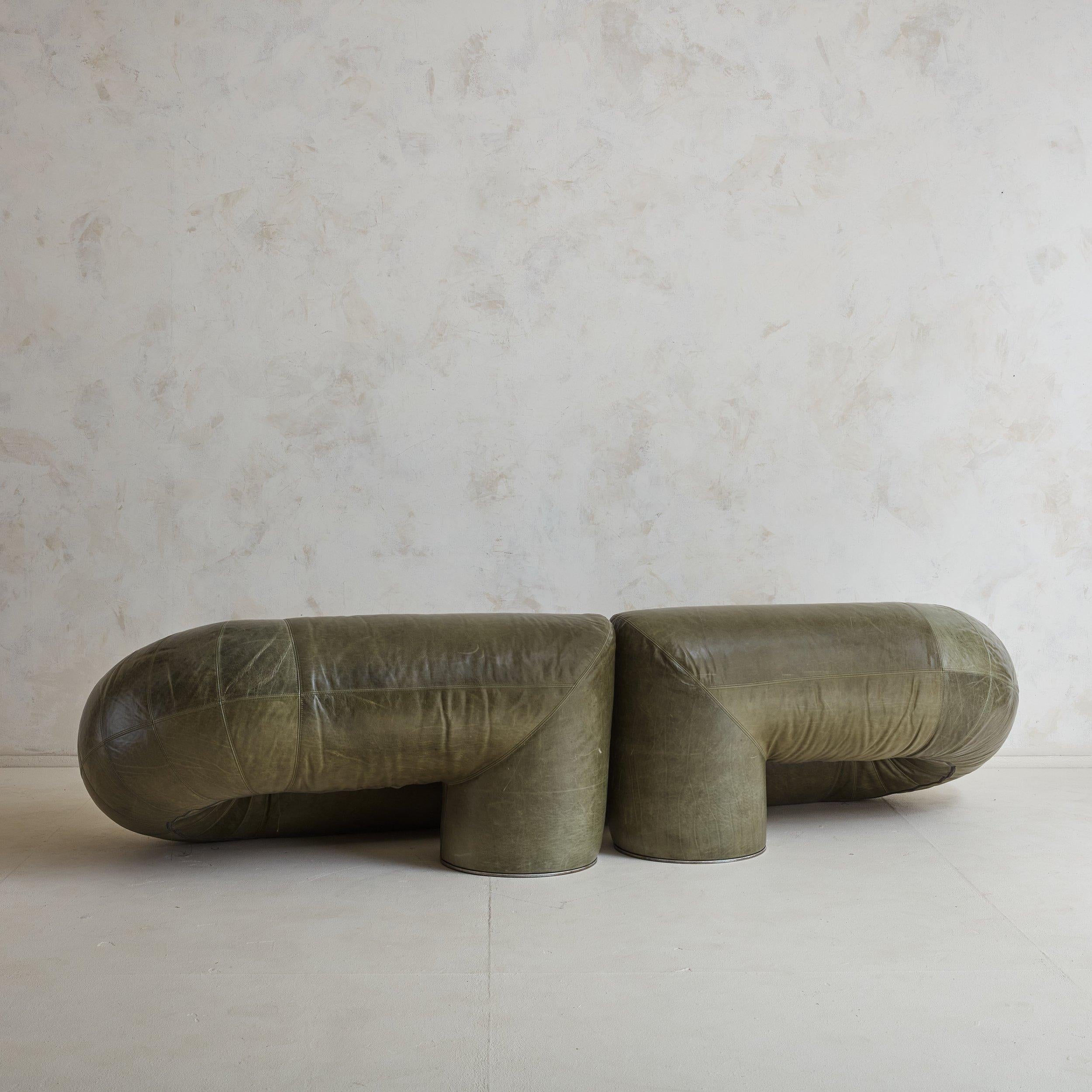Belgian Space Age 'Zeppelin' Sofa in Olive Green Leather by Walter Leeman for Velda For Sale