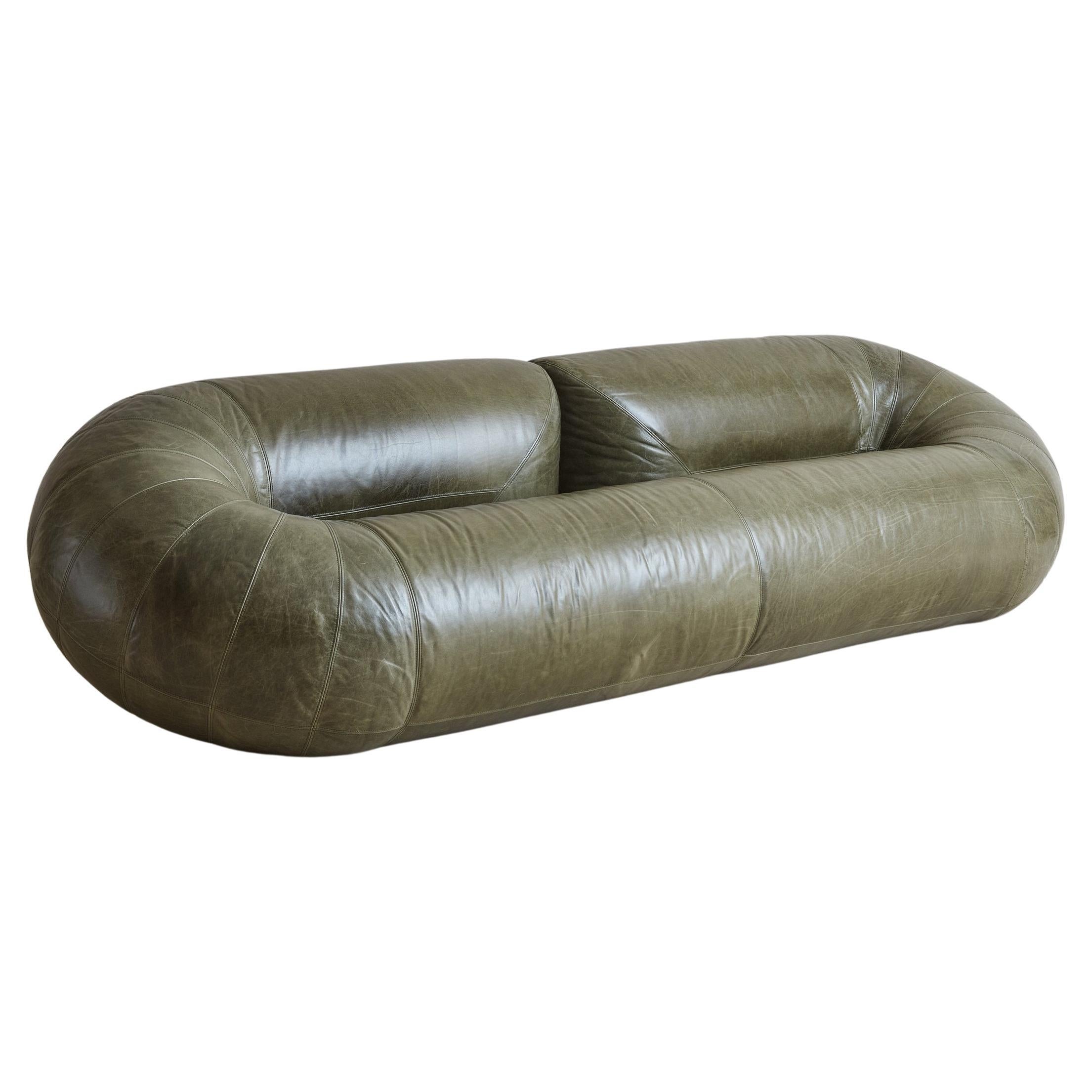 Space Age 'Zeppelin' Sofa in Olive Green Leather by Walter Leeman for Velda For Sale