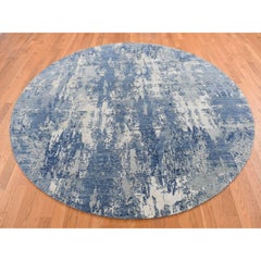 Space Cadet Blue Abstract Design Wool and Silk Hand Knotted Round Oriental Rug