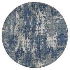 Space Cadet Blue Abstract Design Wool and Silk Hand Knotted Round Oriental Rug