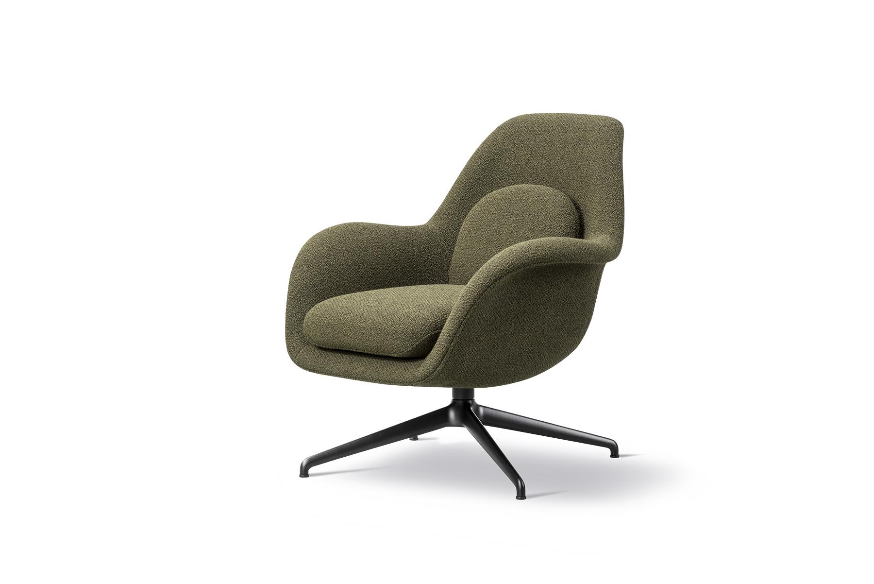 Space Copenhagen Swoon lounge chair, Petit, swivel base a line extension from the Swoon Lounge, the Swoon Lounge Petit has a similar shape but it’s more upright and somewhat smaller. The one-piece shell merging the back, seat and armrests are fully