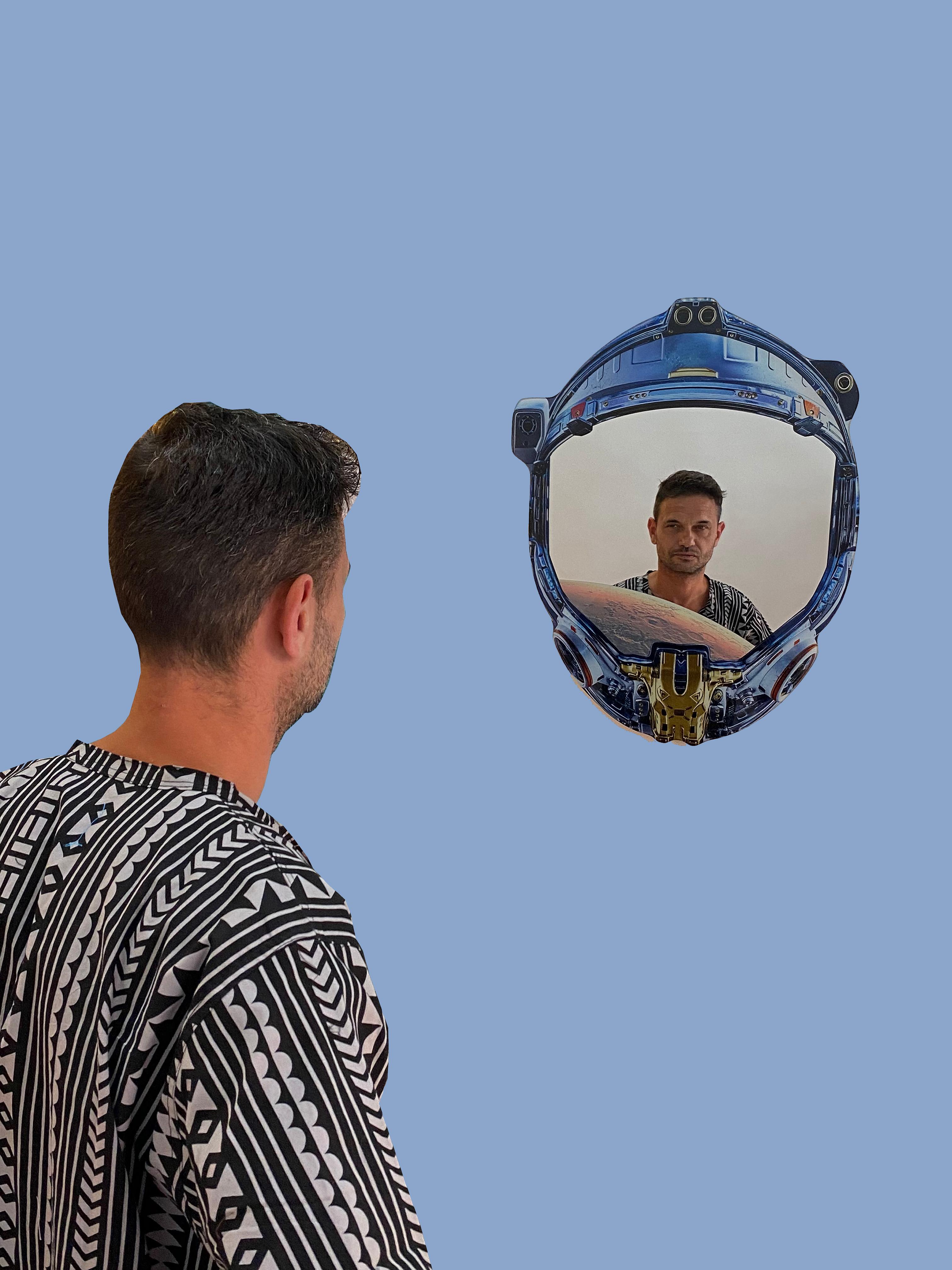 Modern Space Cowboy n°10/30, Contemporary Wall Mirror with Printed Astronaut Helmet