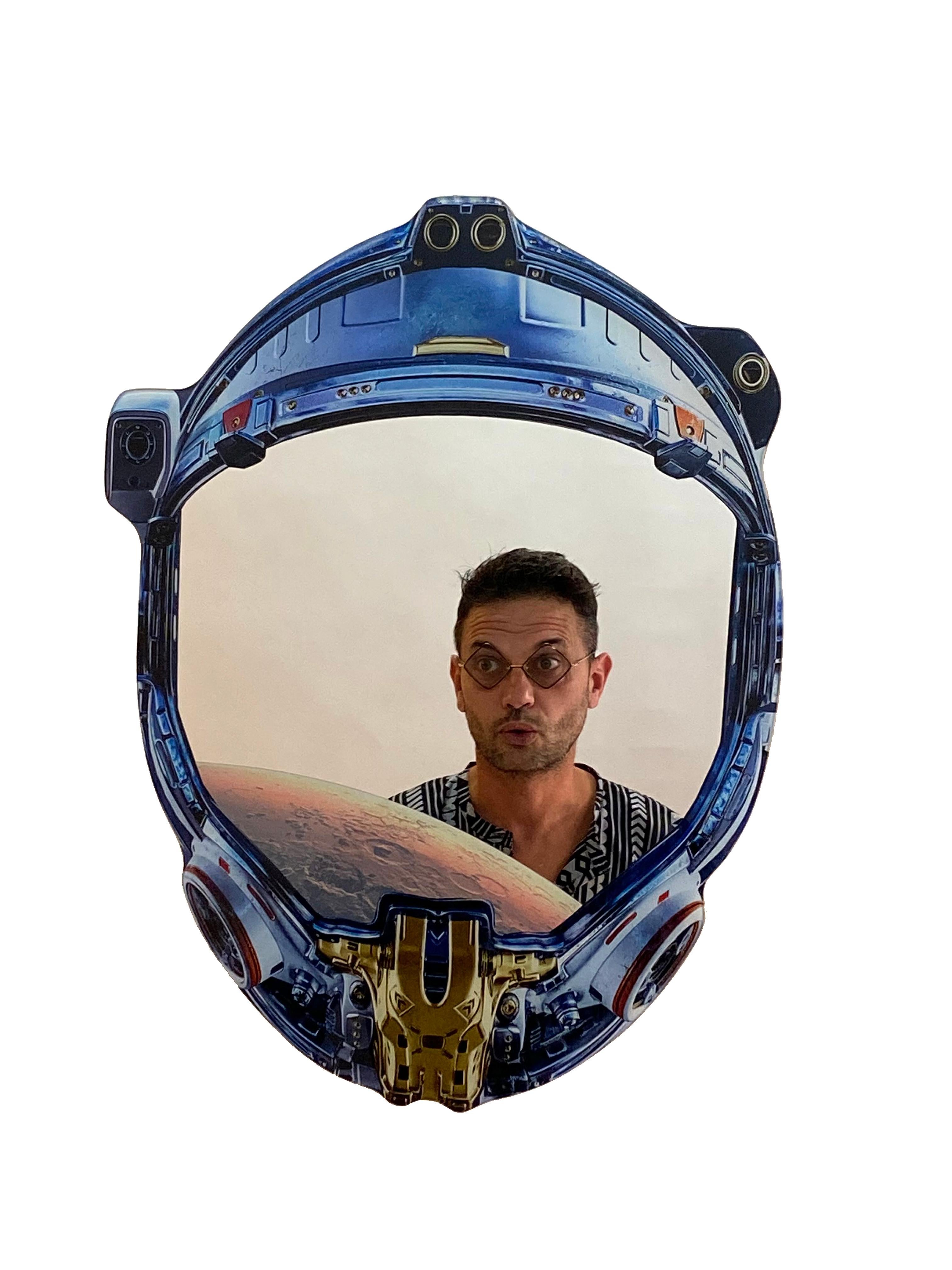 Italian Space Cowboy n°10/30, Contemporary Wall Mirror with Printed Astronaut Helmet