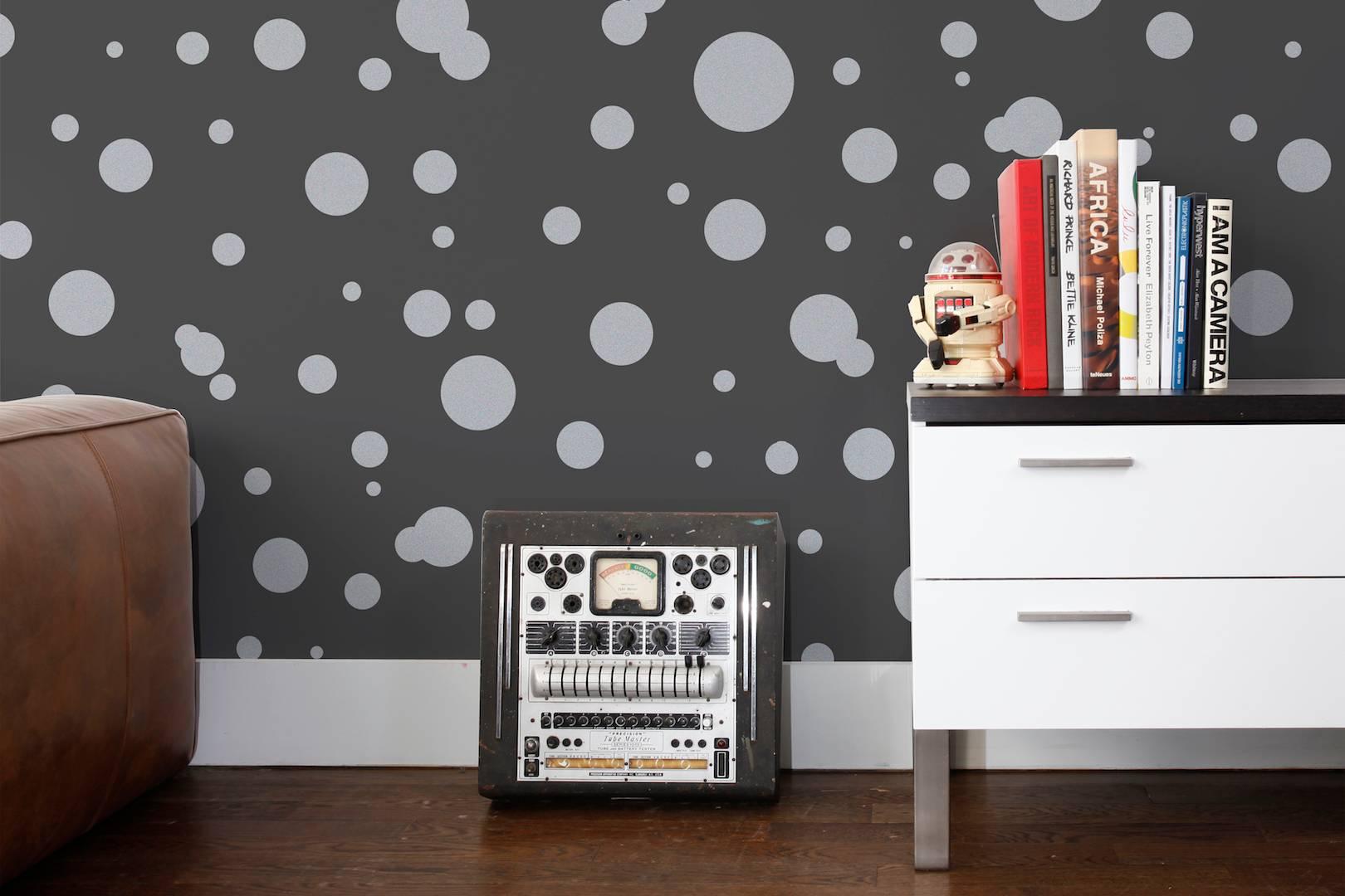 Modern Space Dots Designer Wallpaper in Thunder 'Metallic Silver on Charcoal' For Sale