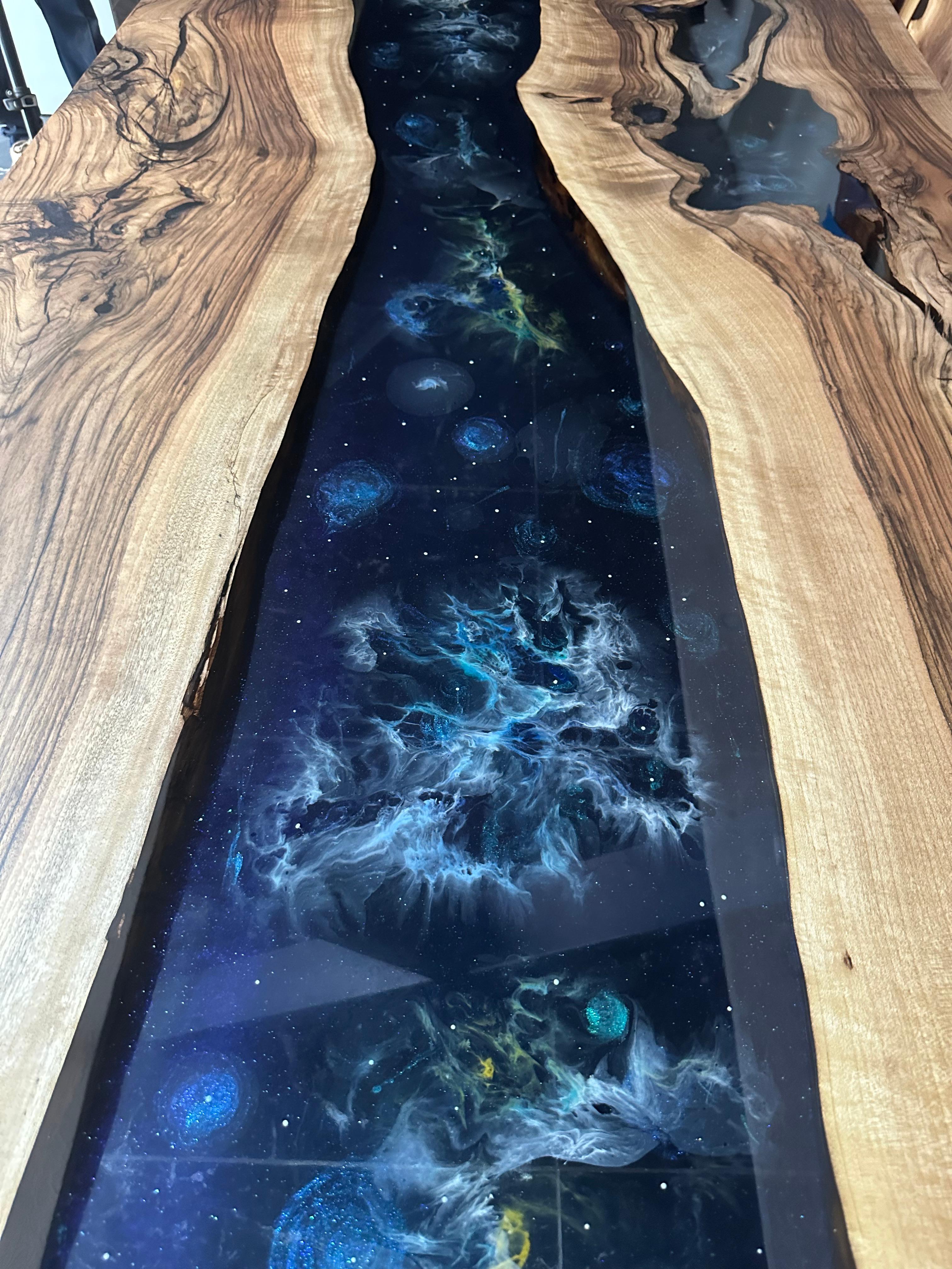 Turkish Space Epoxy Resin River Dining Table Live Edge Walnut Wood For Sale