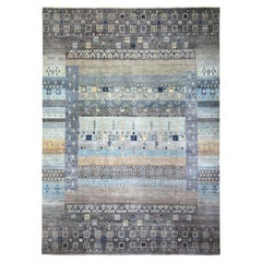 A Space Gray Afghan Kashkuli Gabbeh Design Tappeto in morbida lana annodato a mano 10' x 13'8"