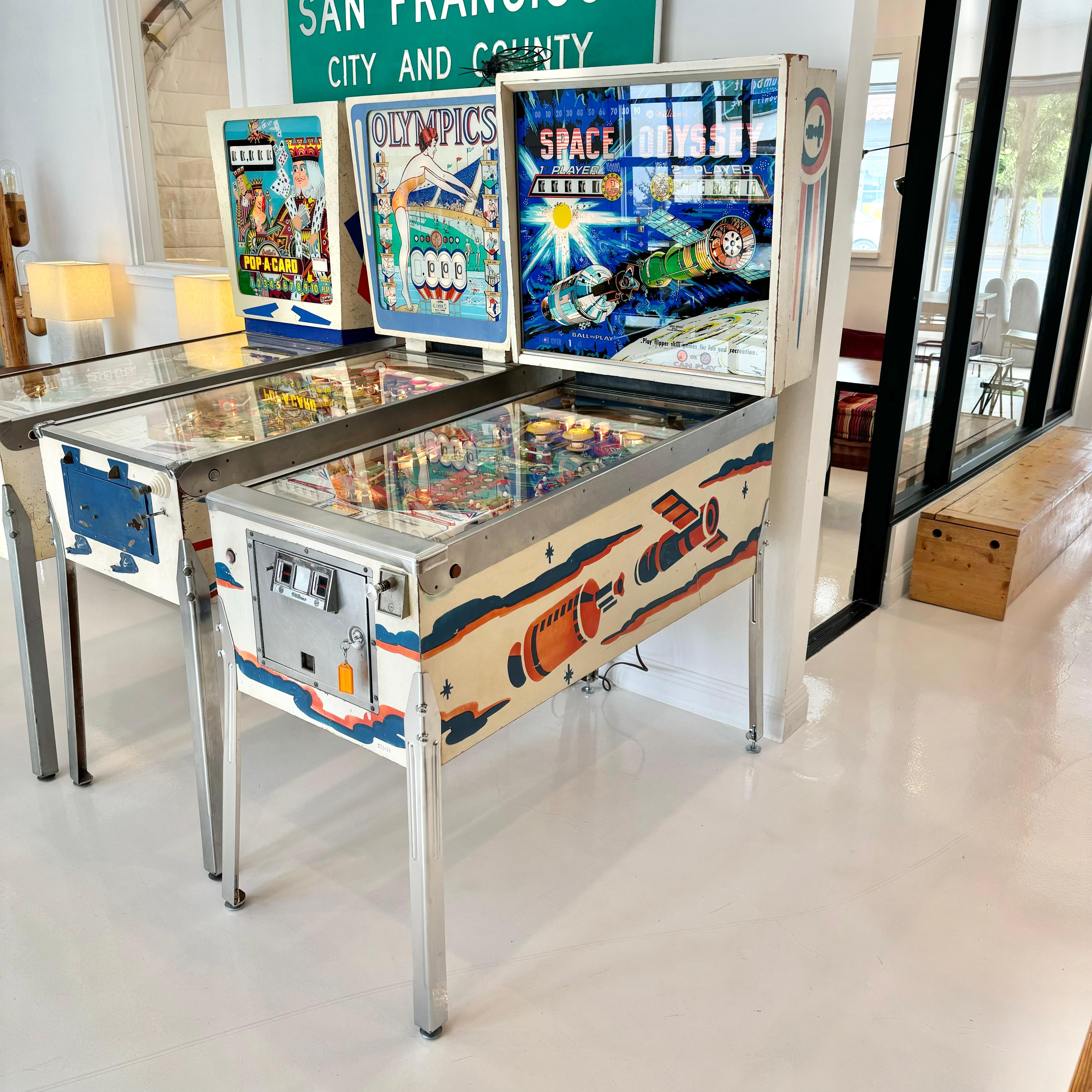 Vintage 'SPACE ODYSSEY' pinball machine from 1976. 2 players can play. Made by Williams Electronics. Designed by Steve Kordek. In excellent working condition. Great visuals and sounds with extremely fun paced gameplay. This game features kick out