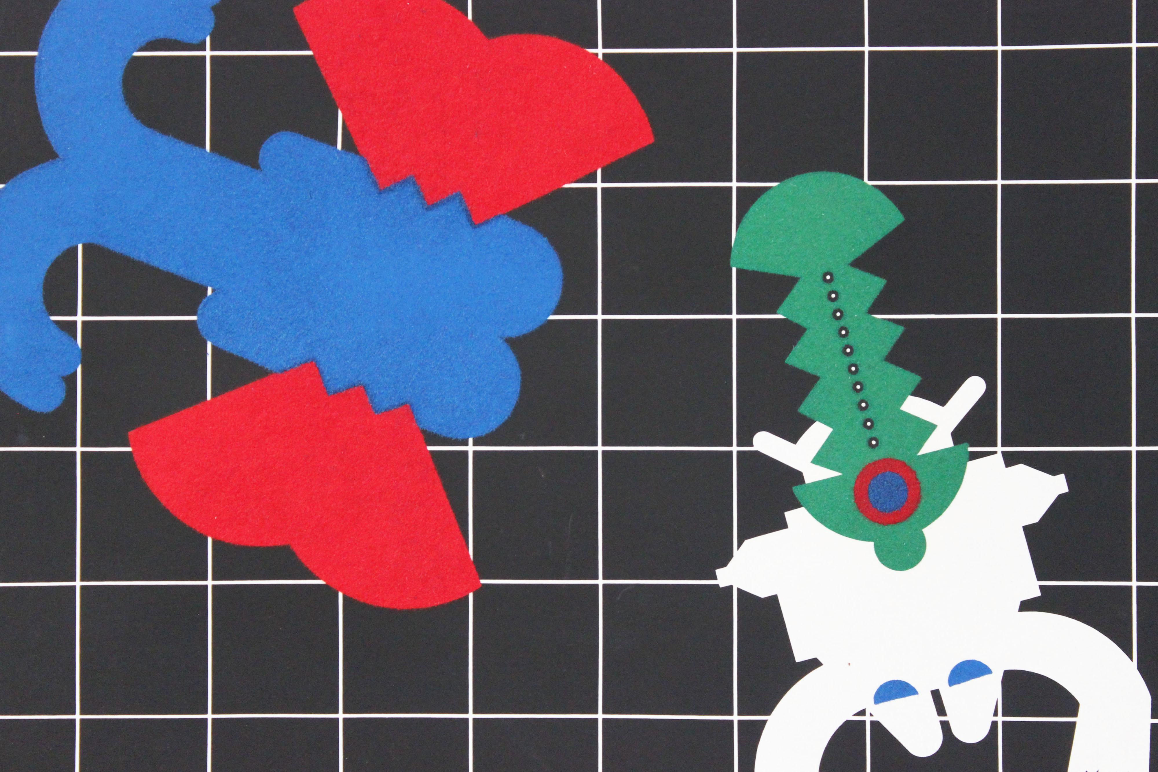 Presence of anthropomorphic elements in space. Multiple of 36/50, silkscreen printing with material contributions in coloured felt. Renato Volpini 1970.
Detailed information on the Volpini Foundation website.