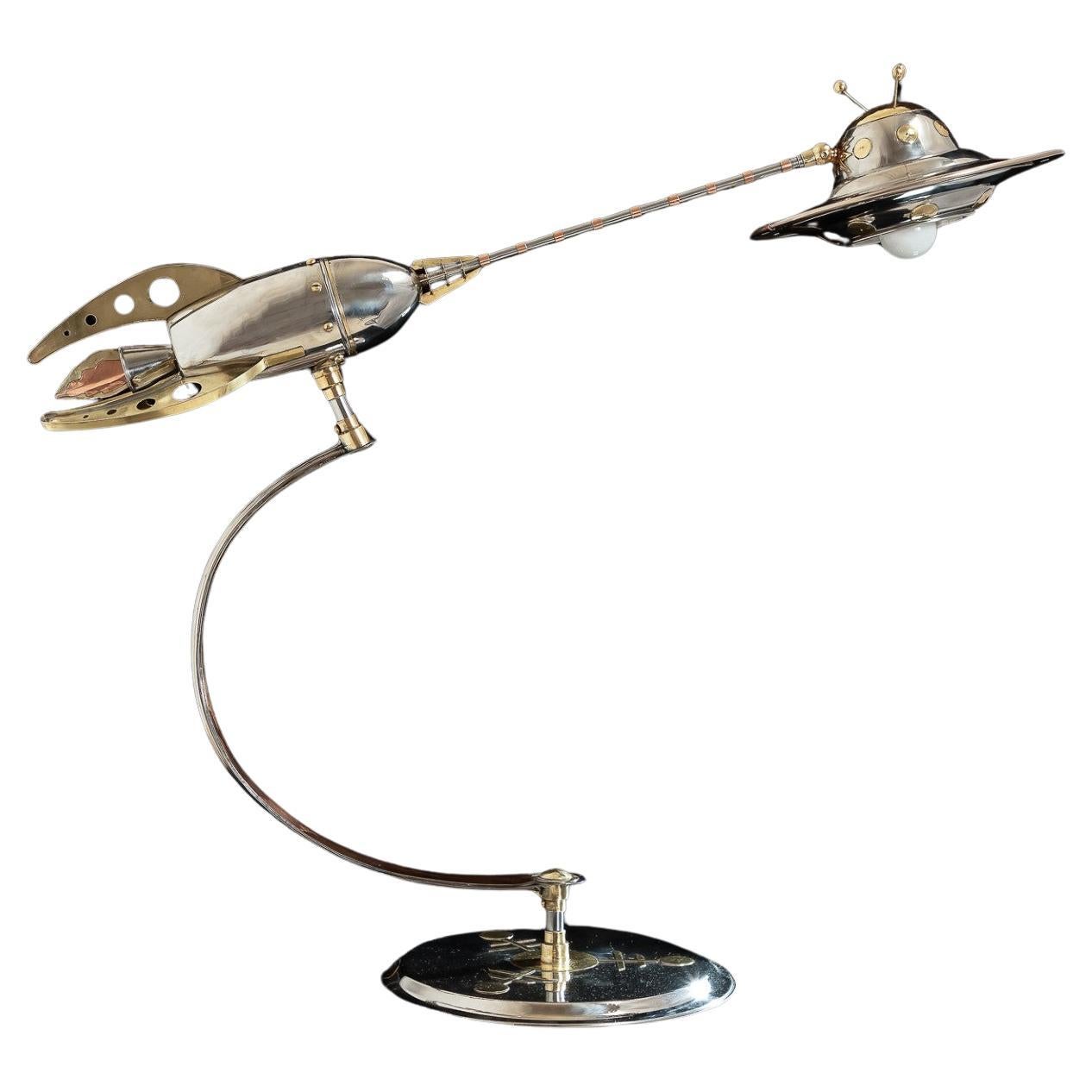 Space Wars. Rocket UFO Desk lamp by Sam Rush in 1950's sci-fi movies style For Sale
