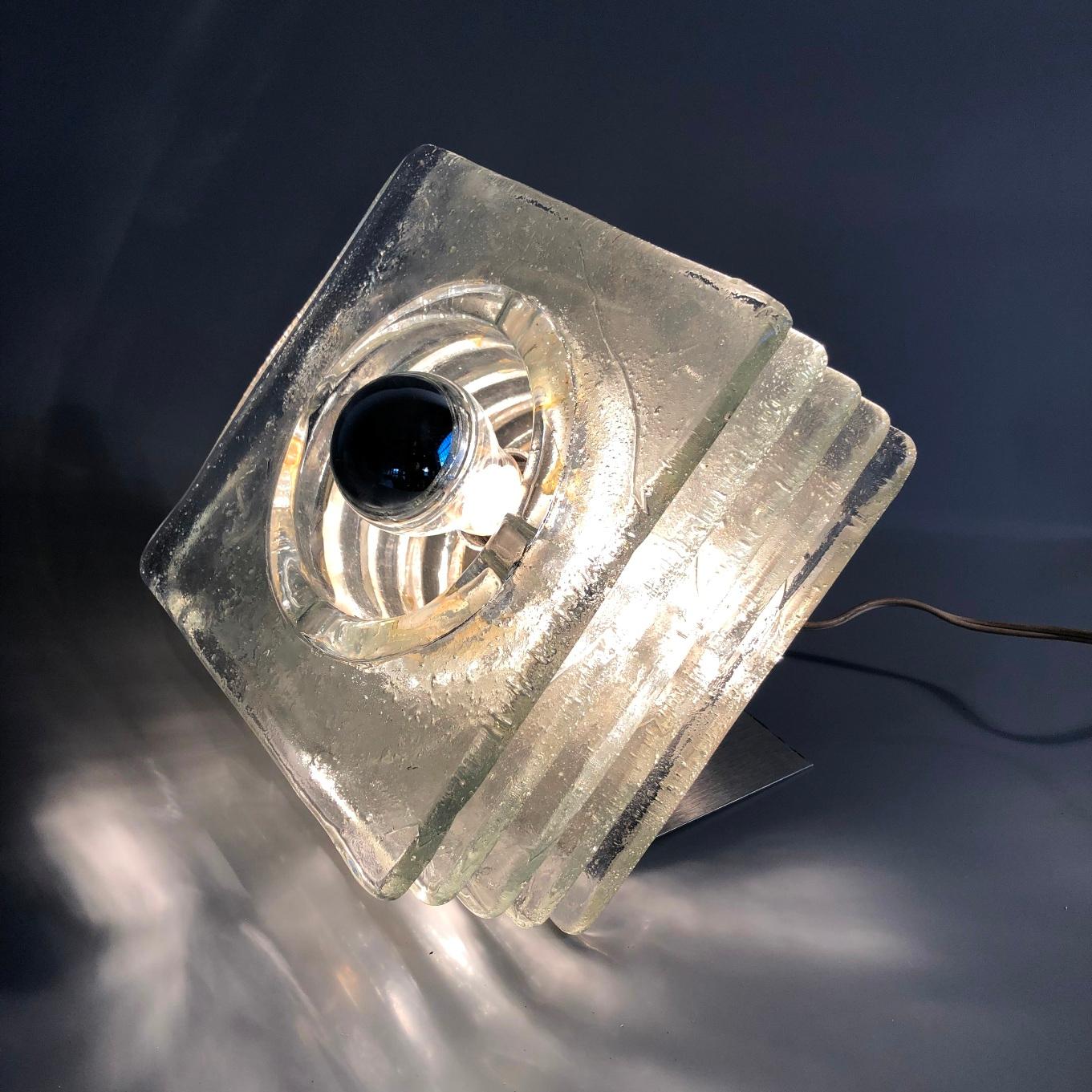Metal Spaceage Layered Murano Glass Sheets Cube Table Light, Italy, 1970s For Sale