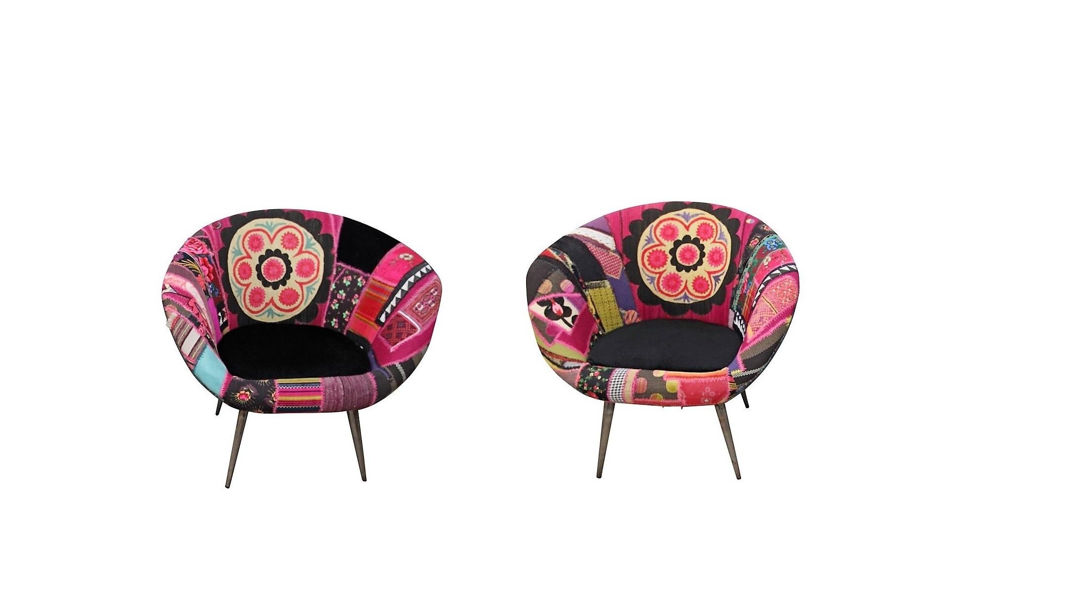 Spaceship Armchair, Midcentury Vintage Inspired Bohemian Set of Two Armchairs In Excellent Condition In New York, NY