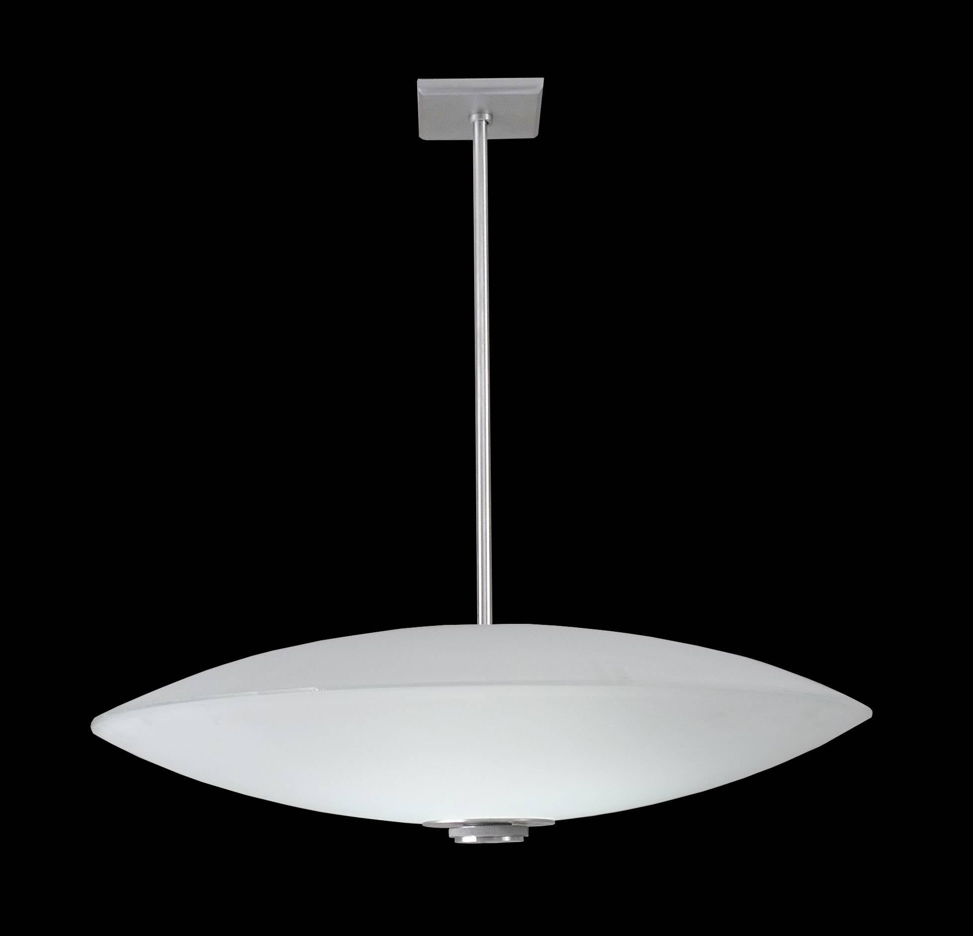 32 inch diameter spaceship pendant with white glass bowls top and bottom. Metalwork is brushed aluminum, bottom finial has knurled detail. LED lamping 3000k standard color temperature. 0-10 volt dimming.

Architect, Sandy Littman of Duesenberg