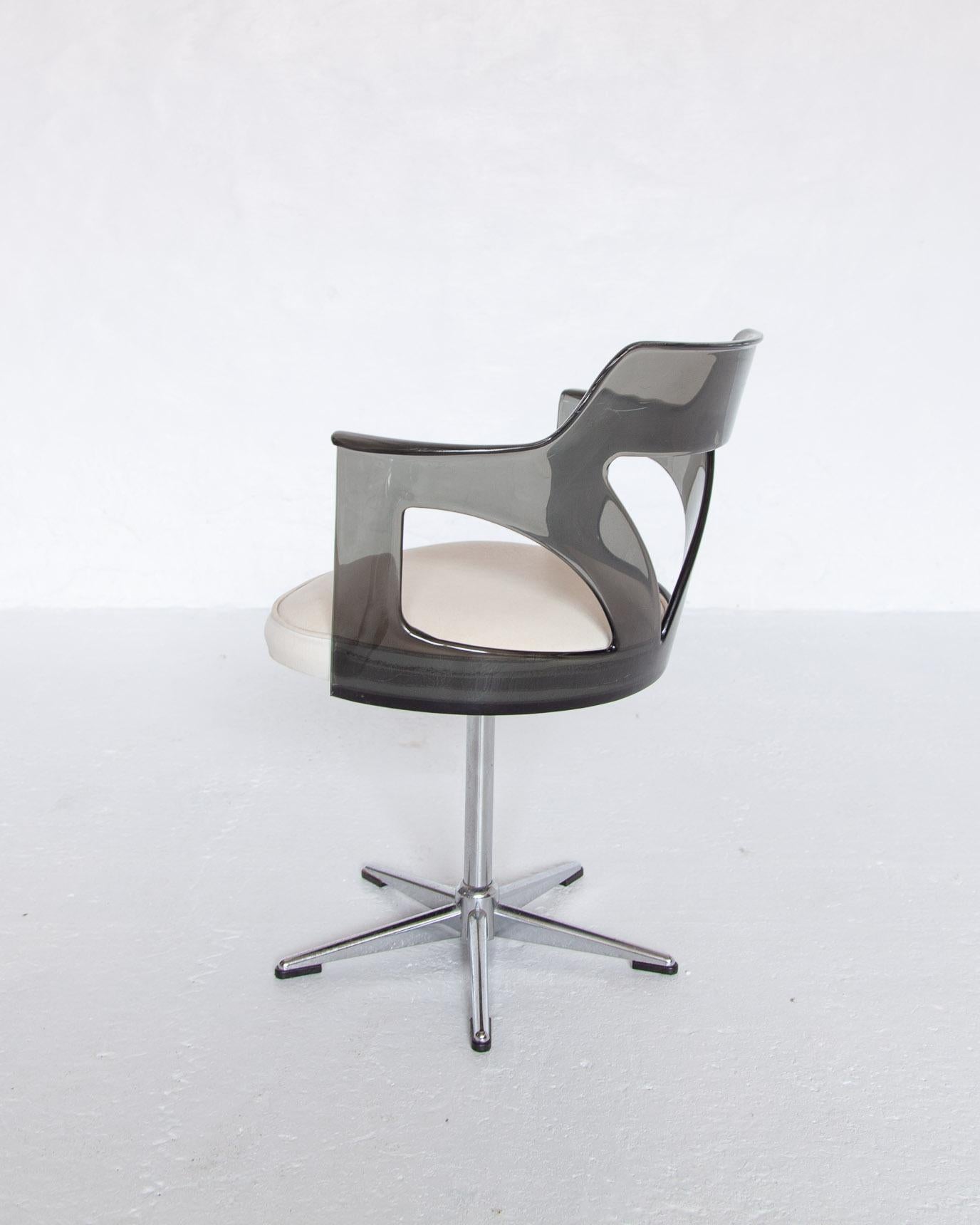 Hand-Crafted Spage Age Smoked Plexi Glass Swivel Desk Chair, 1960s For Sale