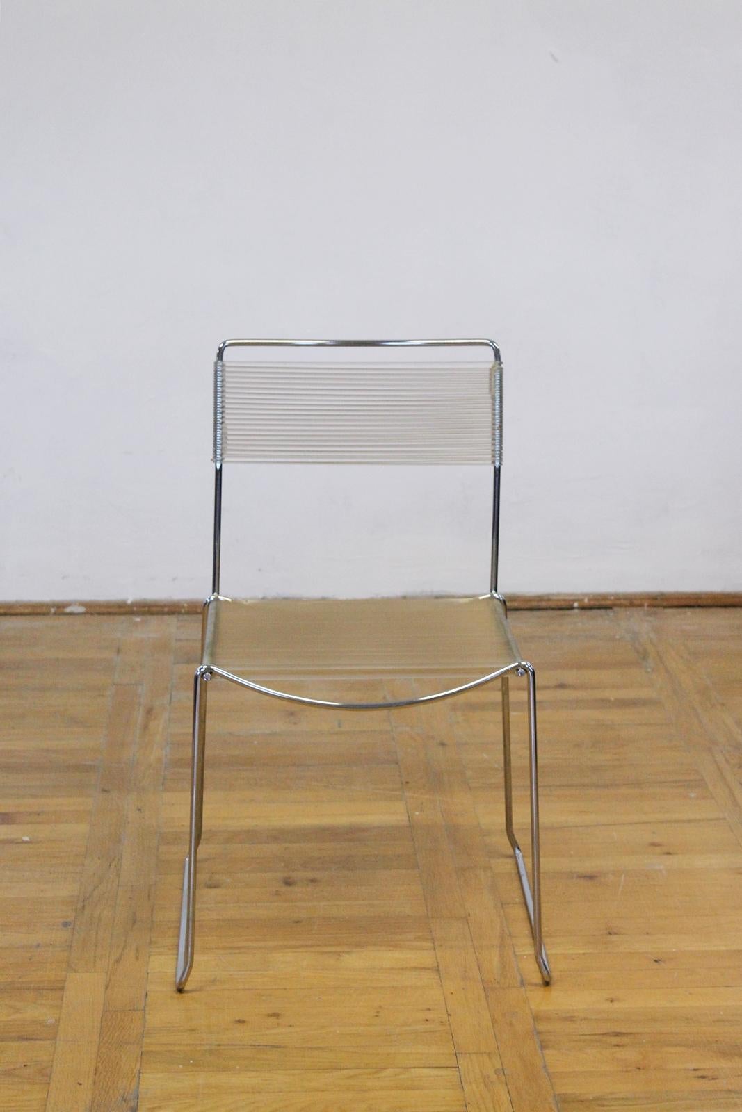  Vintage set is in chrome with clear plastic wrapping
. Stunning 1970s Italian design, stylish and comfortable.
 A symbol in the history of design, spaghetti is the first Alias chair to appear in the MoMA collection of New York. 
The structure is in