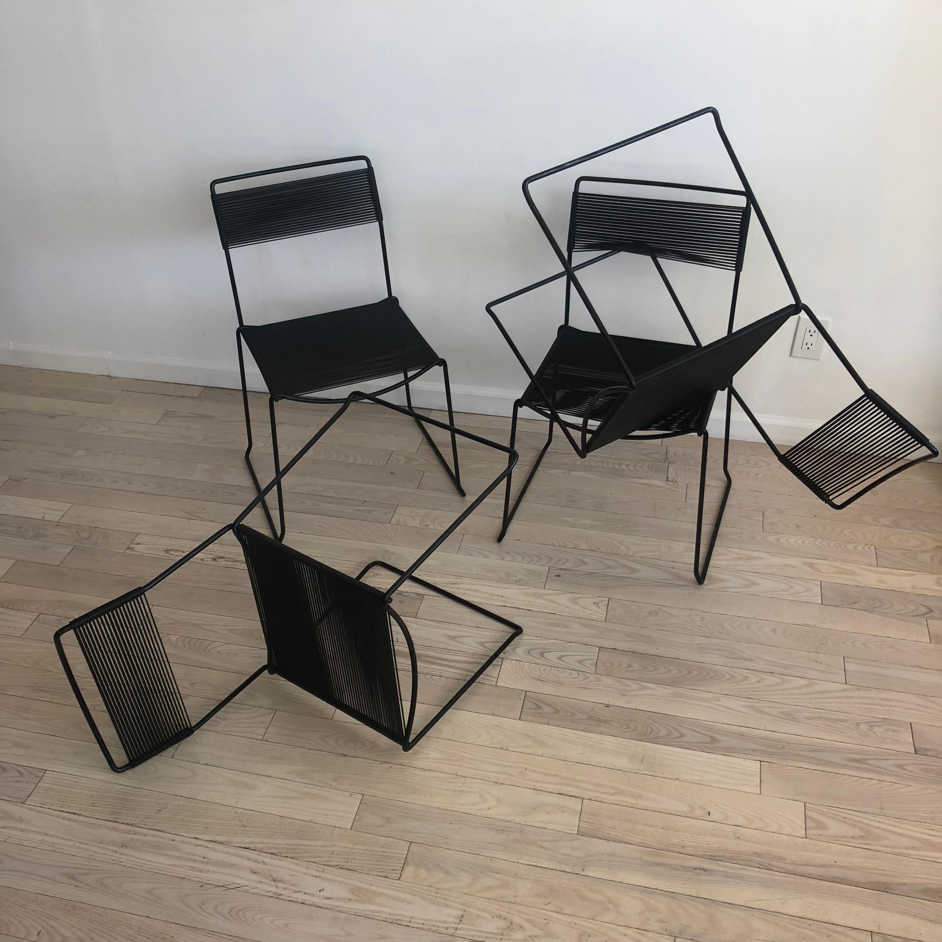 Designed by Giandomenico Belotti, these Spaghetti chairs are very comfortable and amazing looking with PVC spaghetti straps on steel bases. A very successful design by Belotti. Excellent original vintage condition, minor scuffs on legs. Set of four