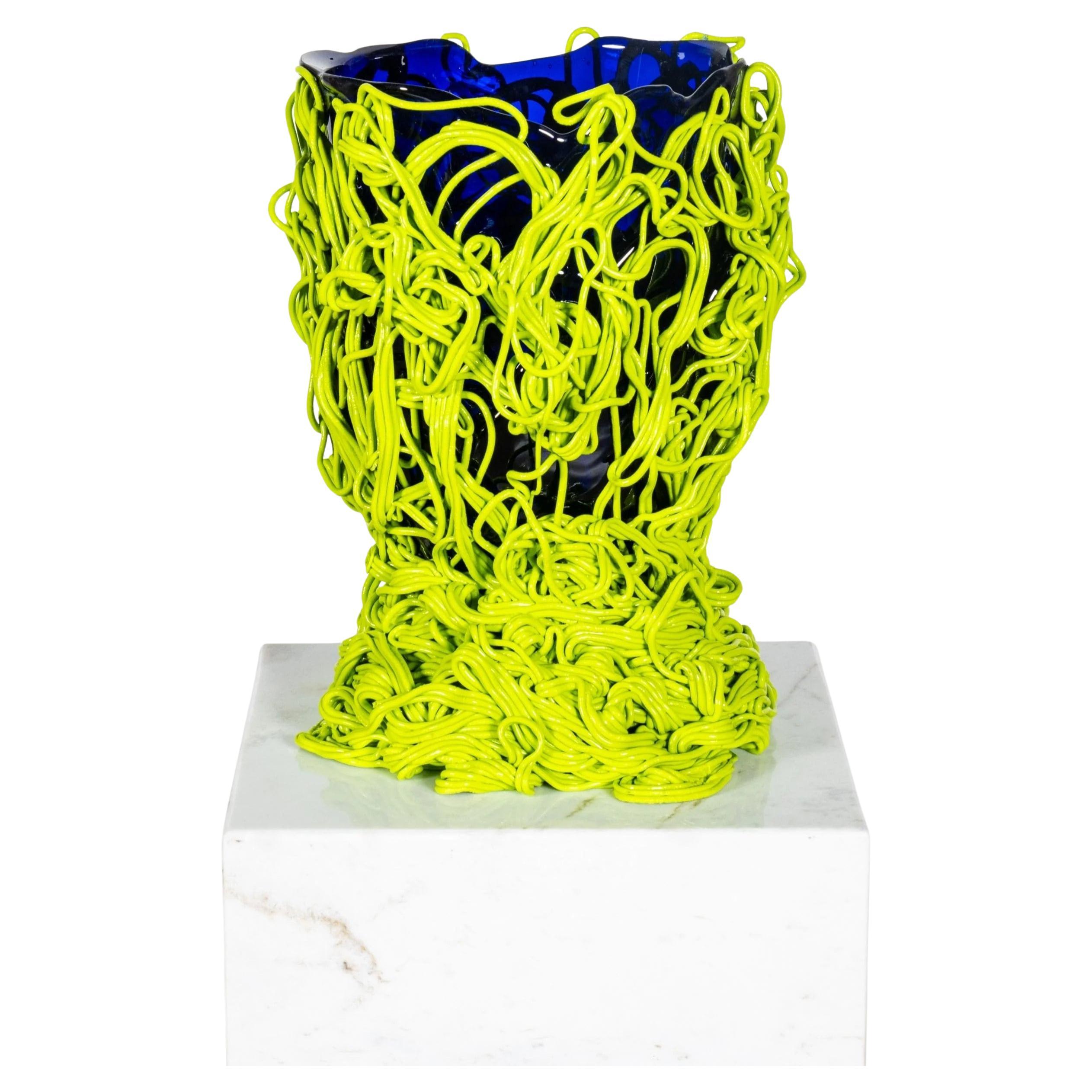 Spaghetti Special Vase (Large), Clear Blue and Matte Lime by Gaetano Pesce