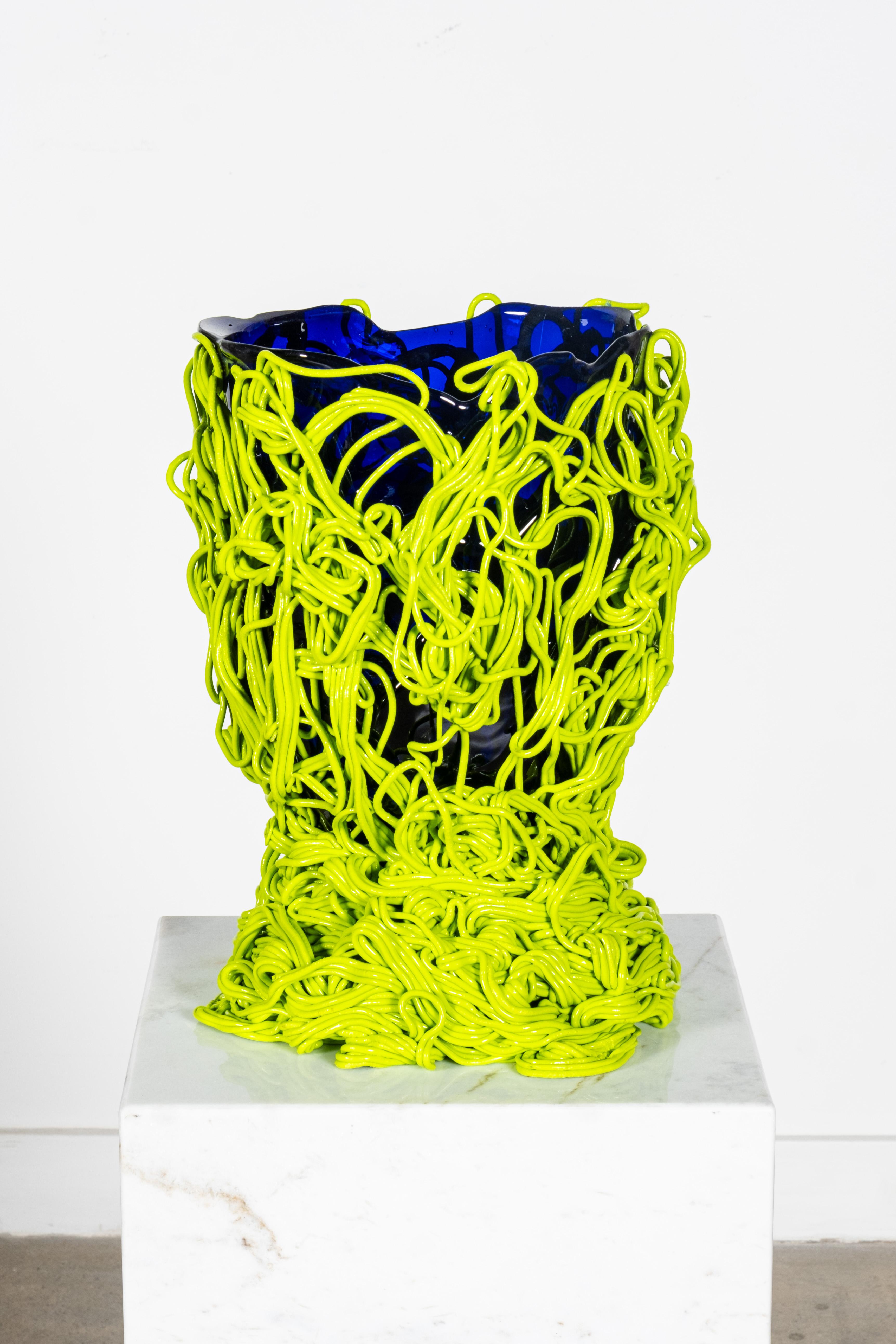 Clear Blue and Matte Lime 'Spaghetti' Vase in soft resin designed by Gaetano Pesce in 1995 for Fish Design collection. 

*All the pieces are handmade and therefore unique. Variations in the dimensions, hues and colours’ distribution are likely to