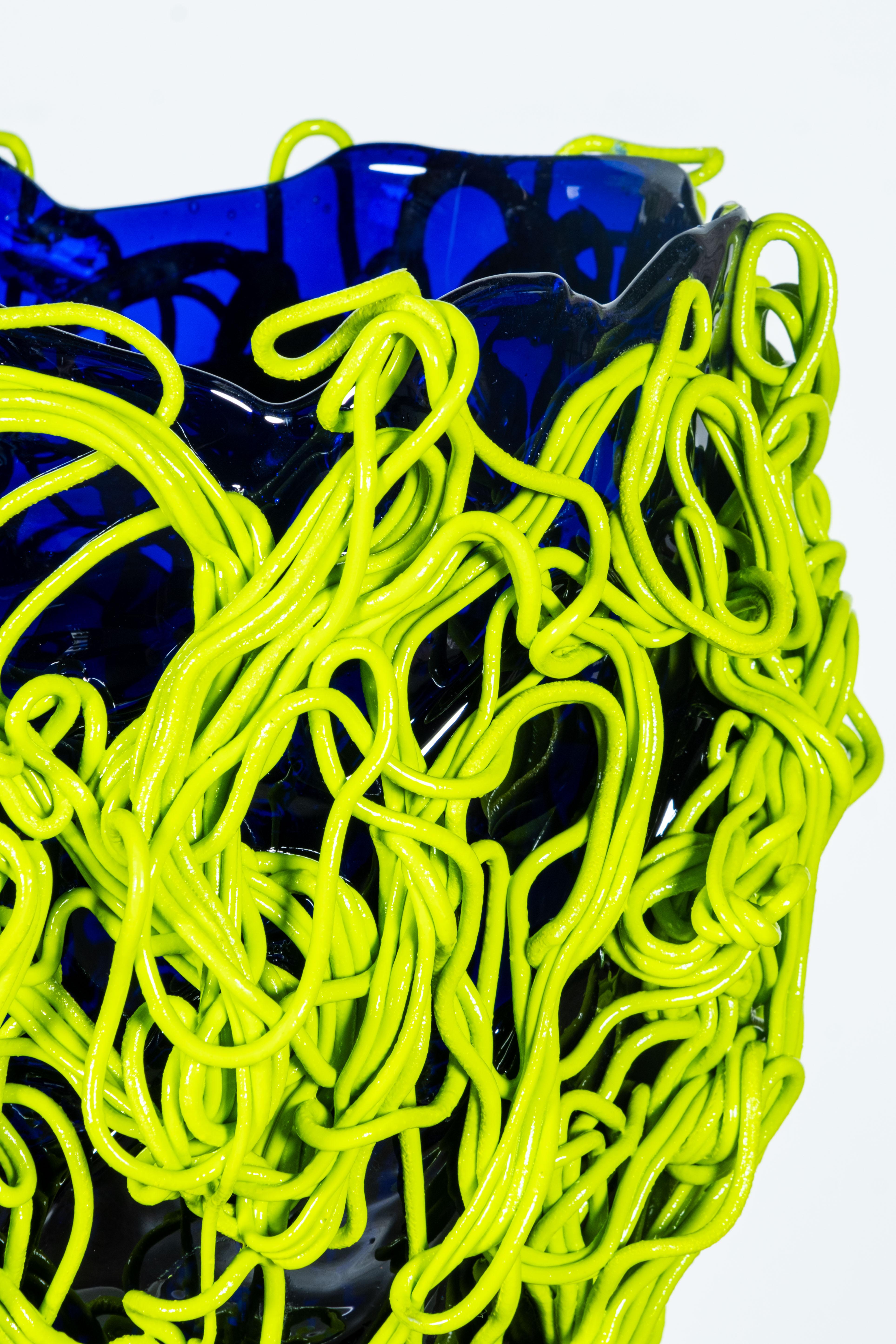 Italian Spaghetti Vase (Large), Clear Blue and Matte Lime by Gaetano Pesce For Sale