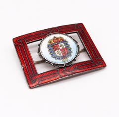 Spain 1880-1910 Rare Patriotic Monarchic Brooch Sterling With Guilloche Enamel