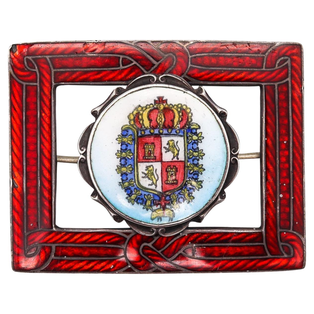 Spain 1880-1910 Rare Patriotic Monarchic Brooch Sterling With Guilloche Enamel