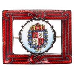 Antique Spain 1880-1910 Rare Patriotic Monarchic Brooch Sterling With Guilloche Enamel