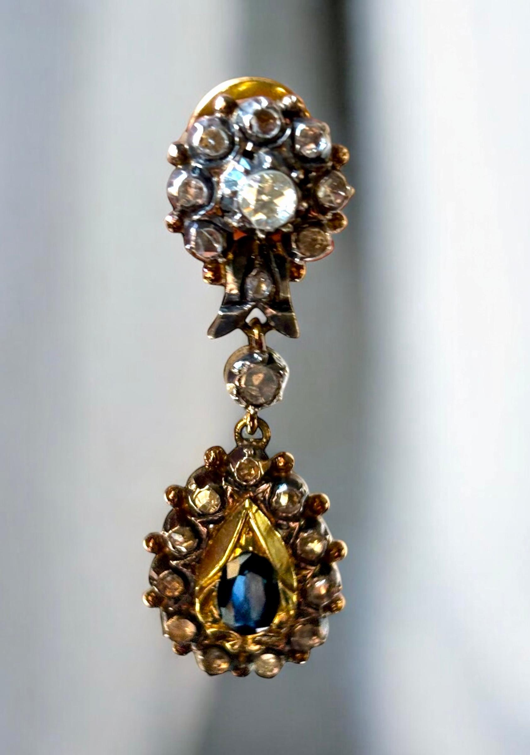 Spain Blue Sapphire and Diamond Cluster Drop Earrings  