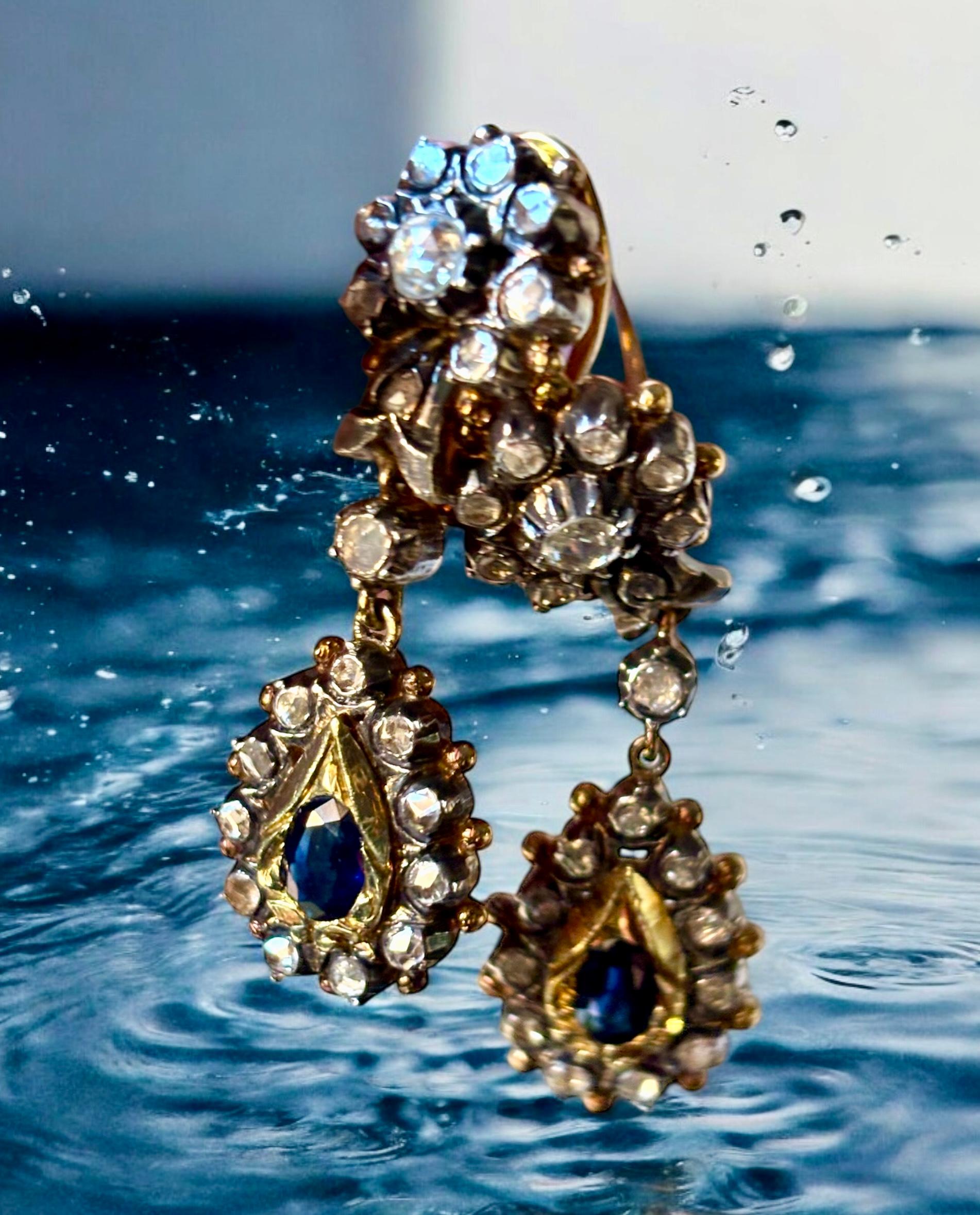 Spain Blue Sapphire and Diamond Cluster Drop Earrings  